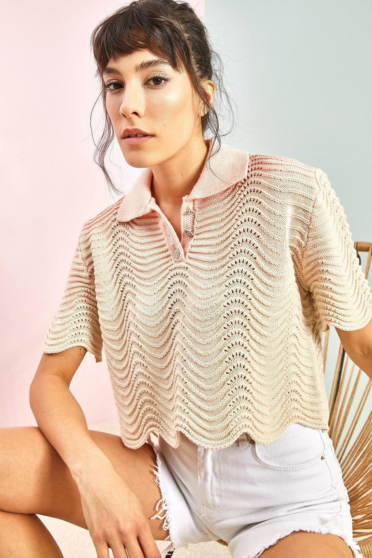 Womens Polo Neck Stone Buttoned Knitwear Blouse, Single, , large image number 0