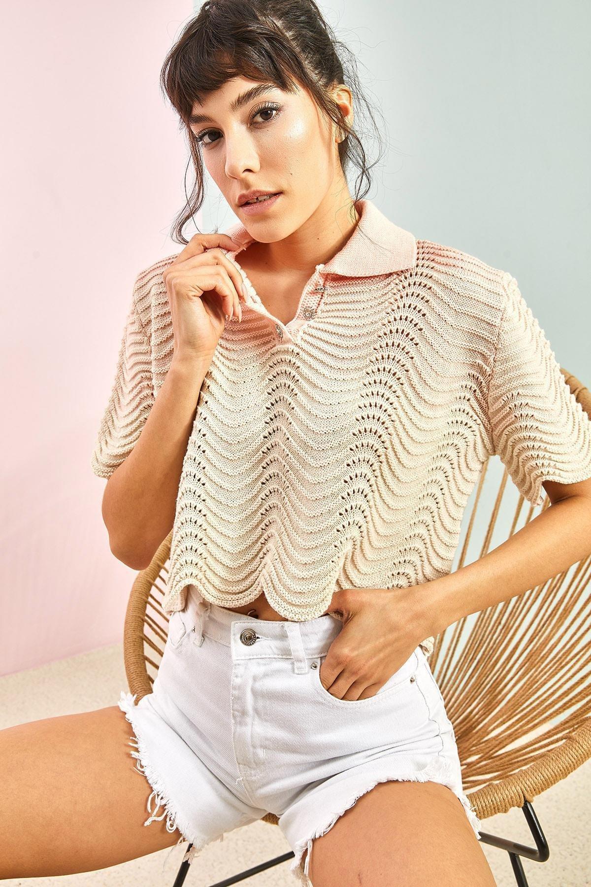 Womens Polo Neck Stone Buttoned Knitwear Blouse, Single, , large image number 2