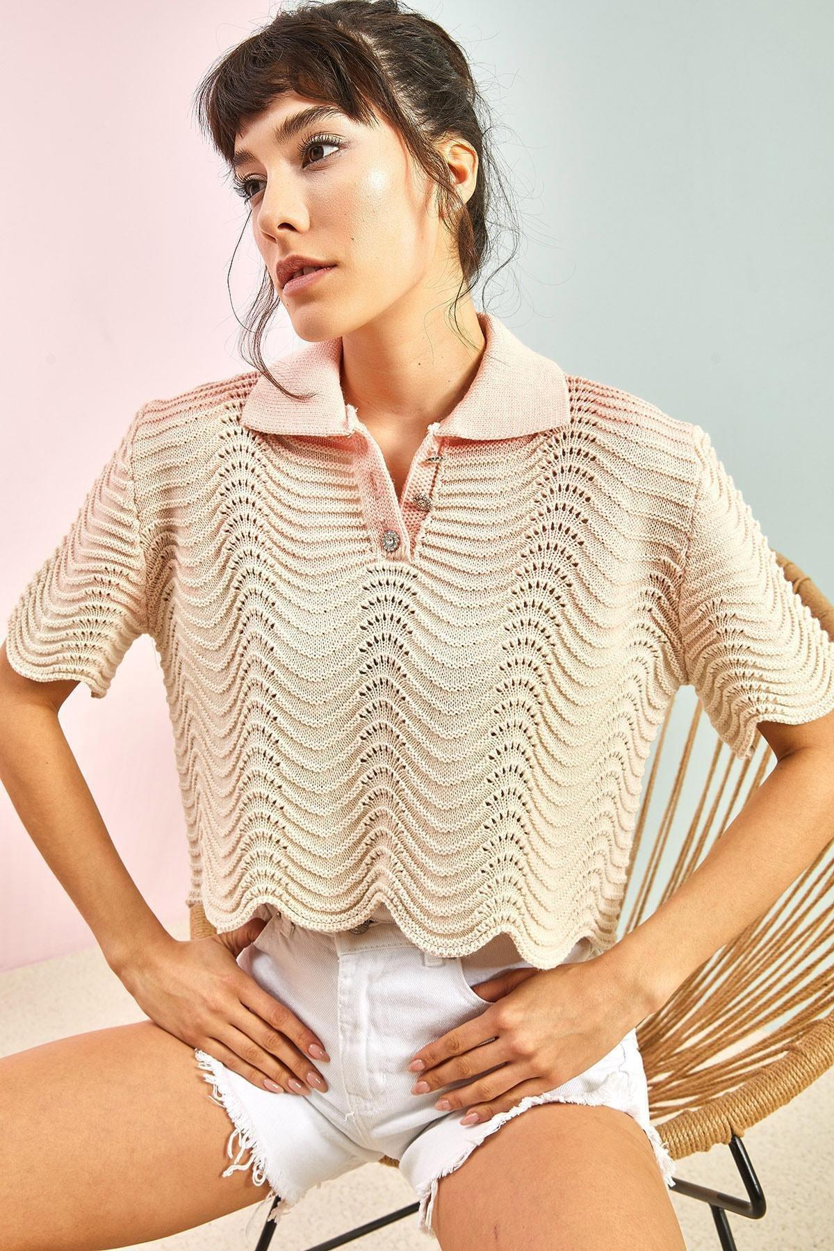 Womens Polo Neck Stone Buttoned Knitwear Blouse, Single, , large image number 3