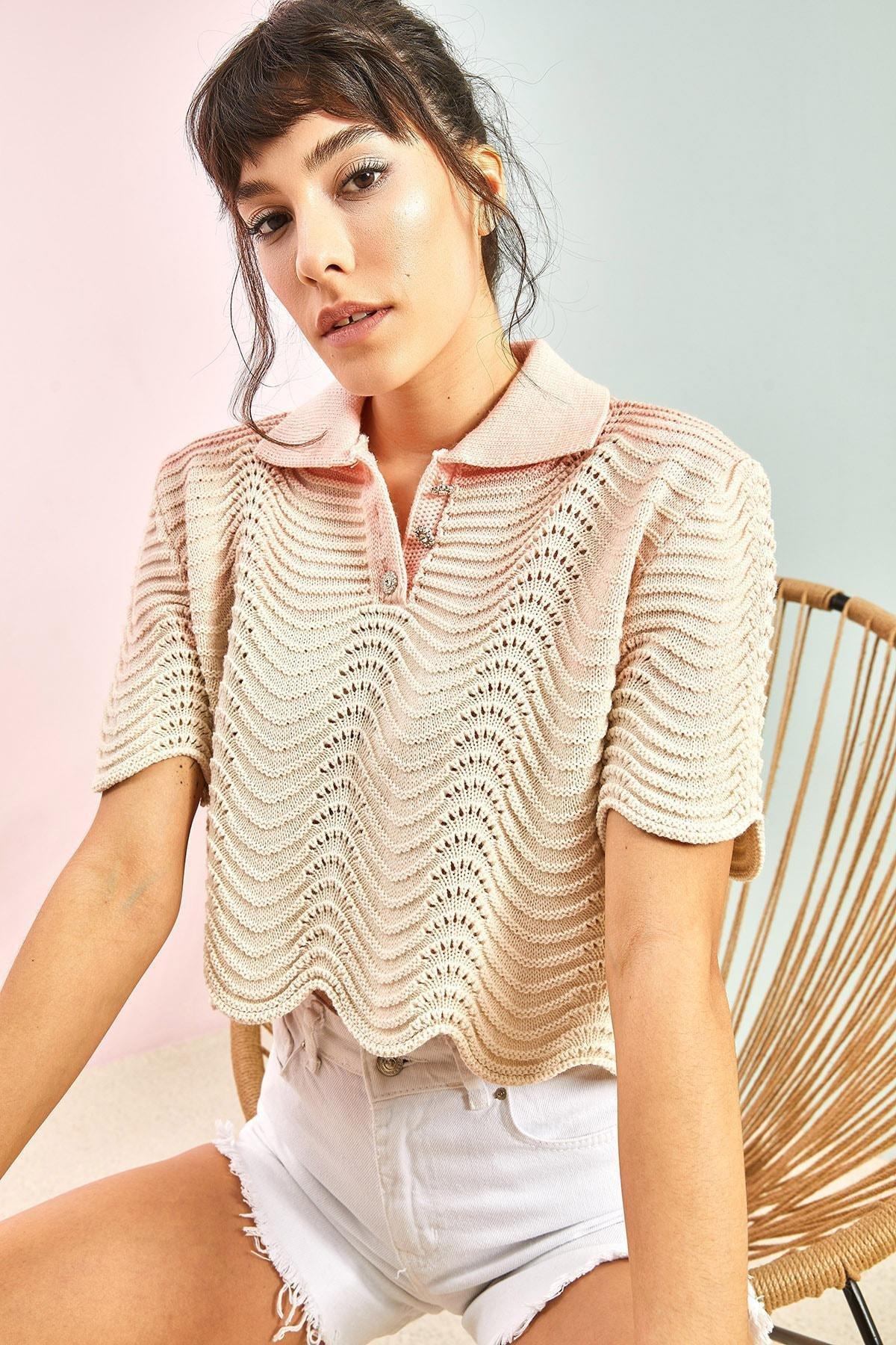Womens Polo Neck Stone Buttoned Knitwear Blouse, Single, , large image number 4