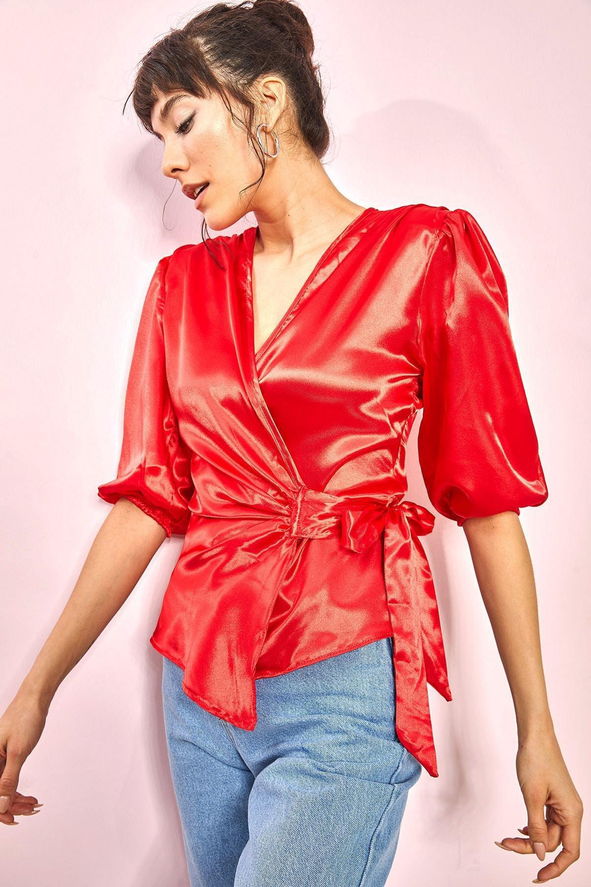 Red Waistband Belted Satin Blouse, Red, large image number 1