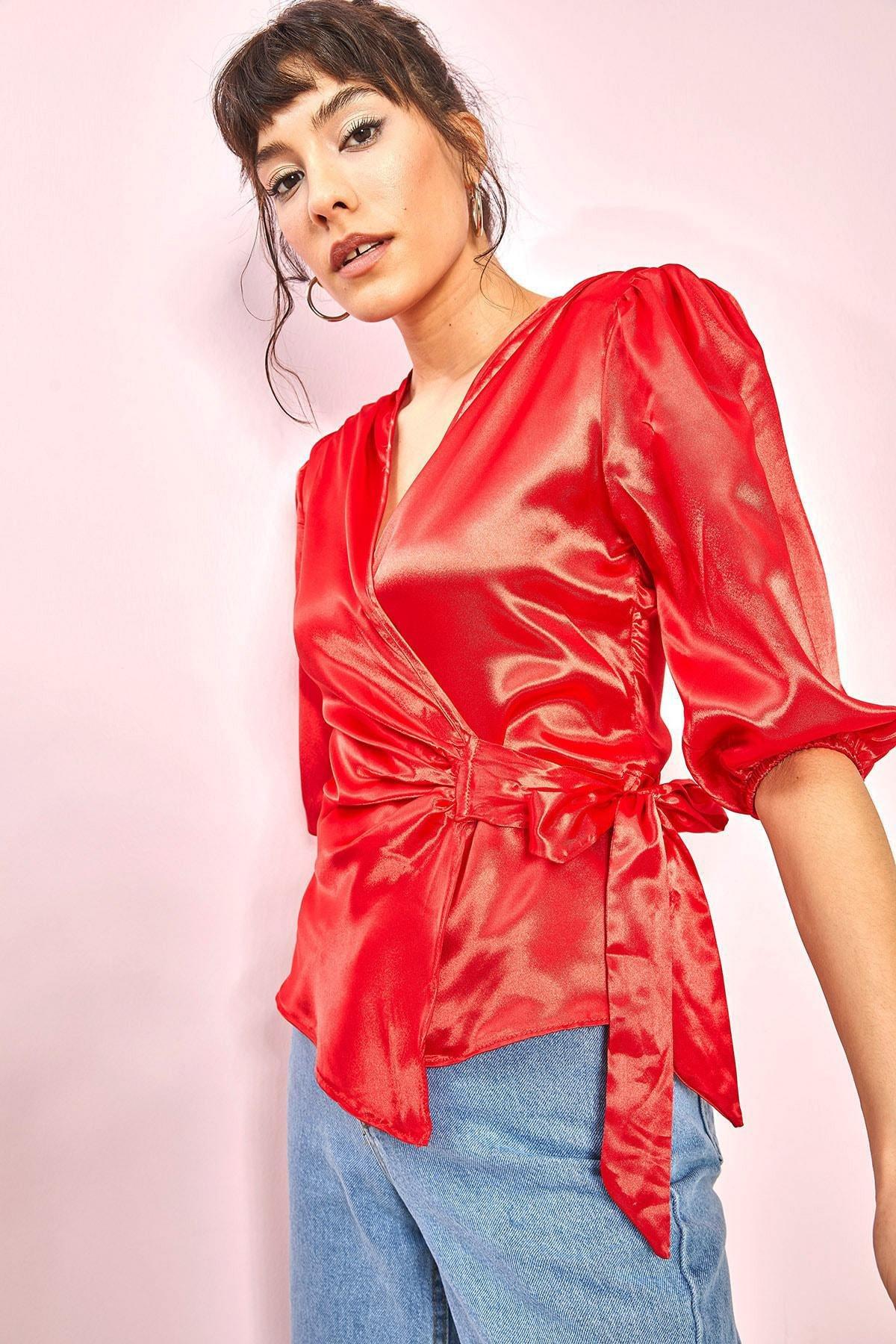 Red Waistband Belted Satin Blouse, Red, large image number 3