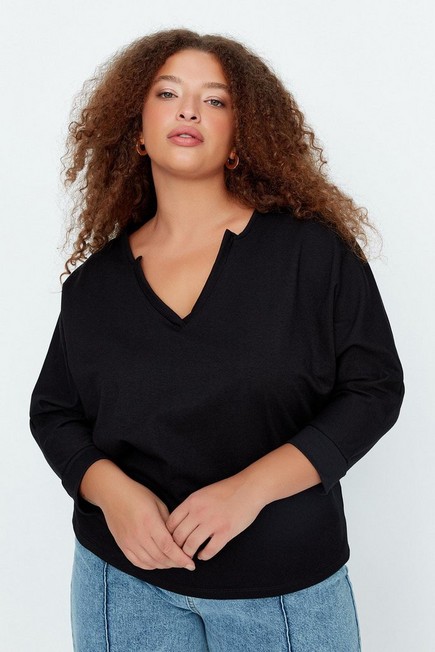 Trendyol - Black Oversize V-Neck Plus Size Sweatshirt