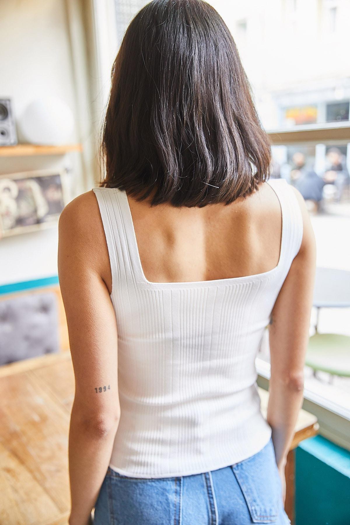 White Square Collar Corduroy Knitwear Blouse, Ecru, large image number 3