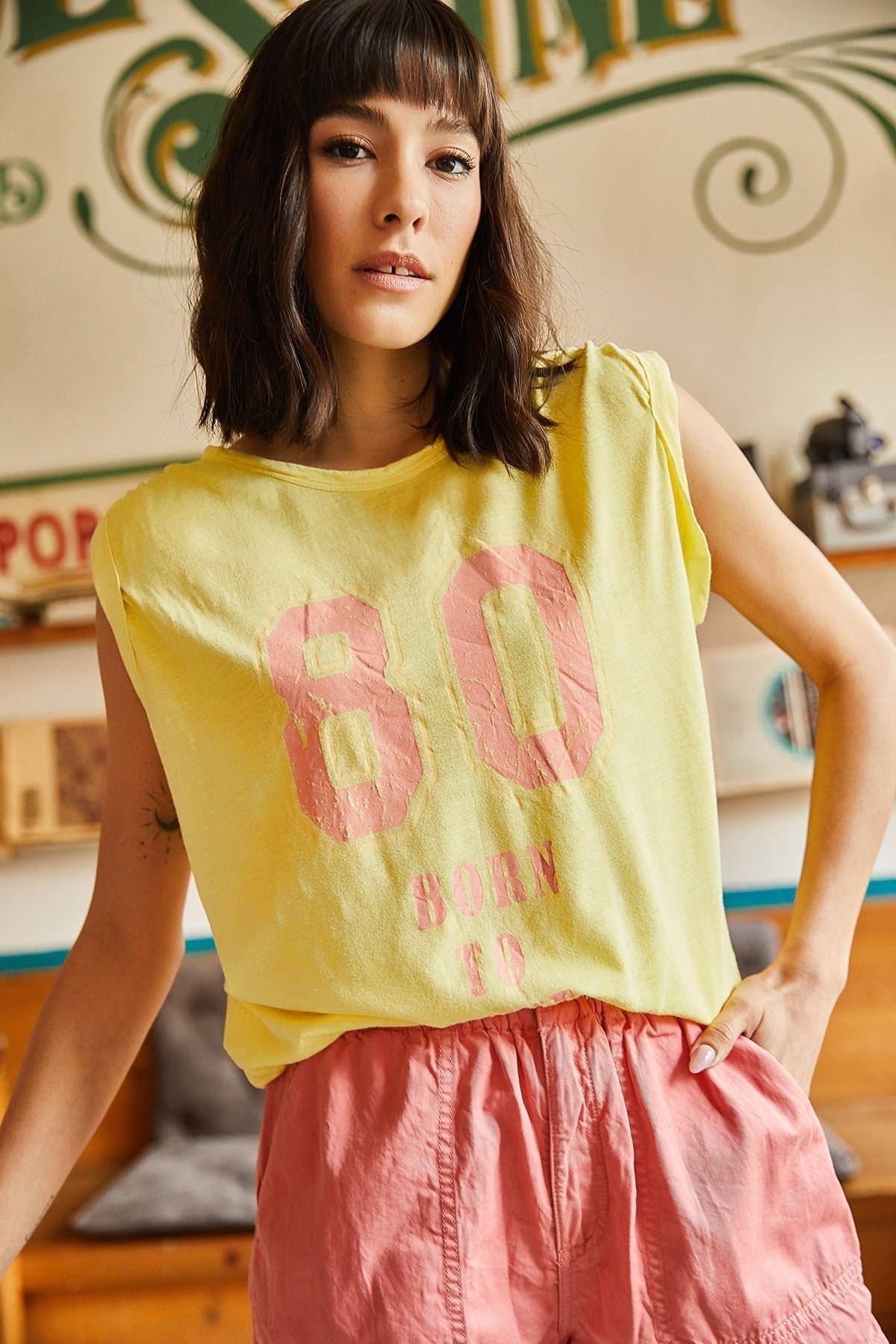 Yellow Printed Flamed Knitted T-Shirt, , medium