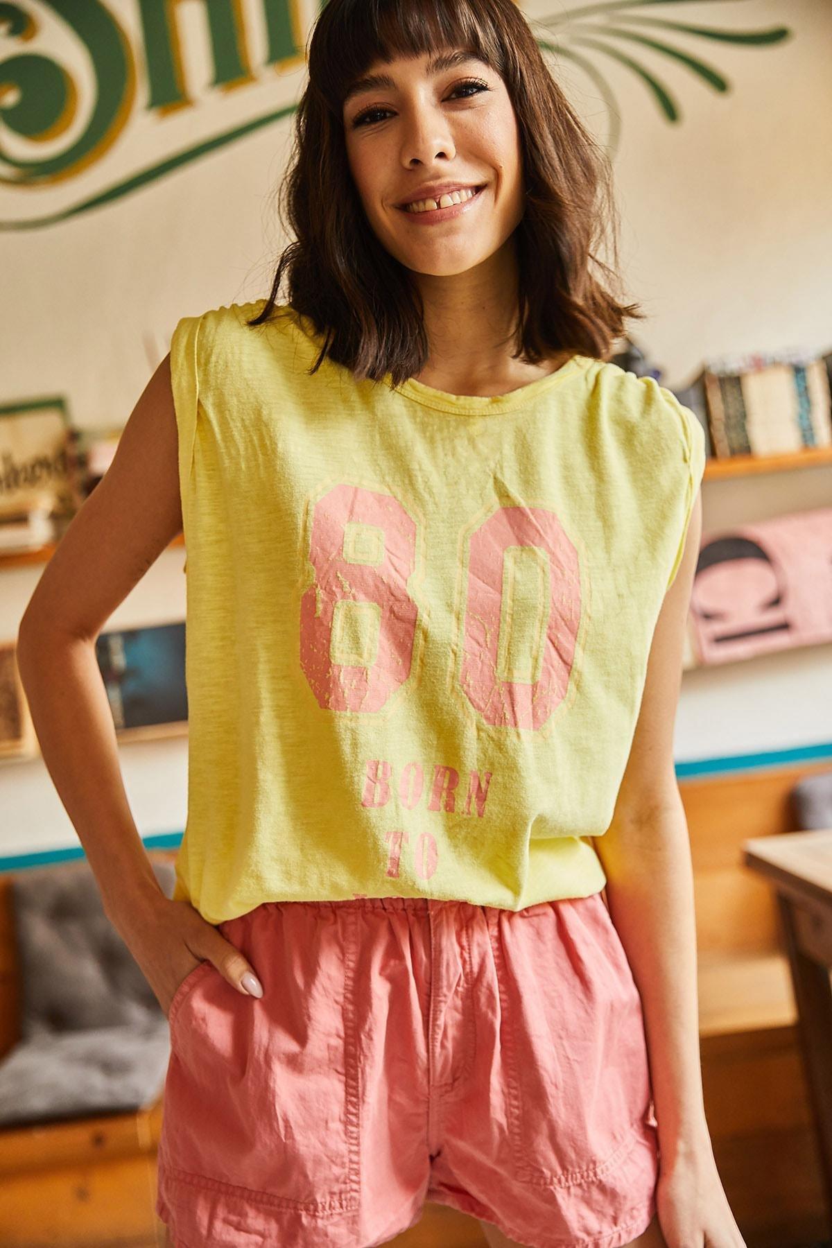 Yellow Printed Flamed Knitted T-Shirt, , large image number 1
