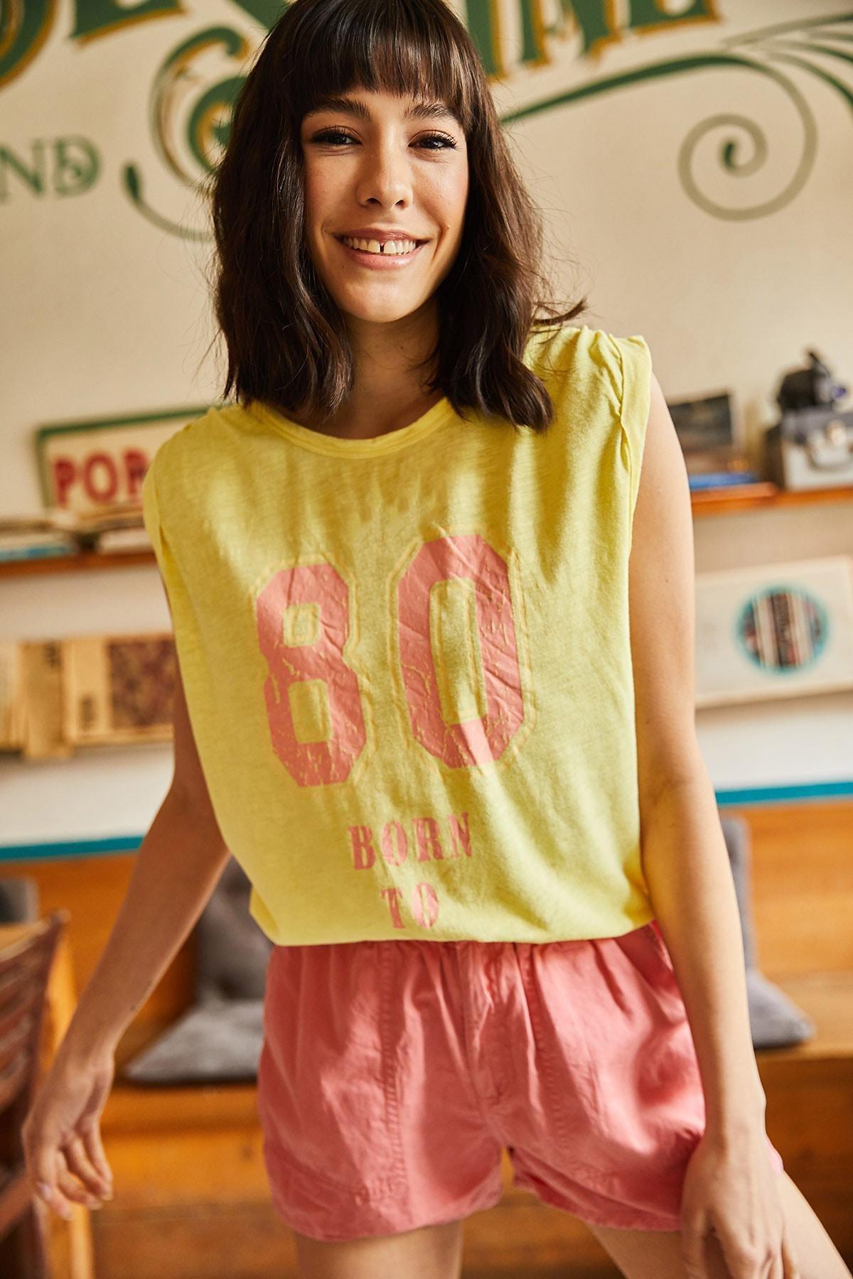 Yellow Printed Flamed Knitted T-Shirt, , large image number 2