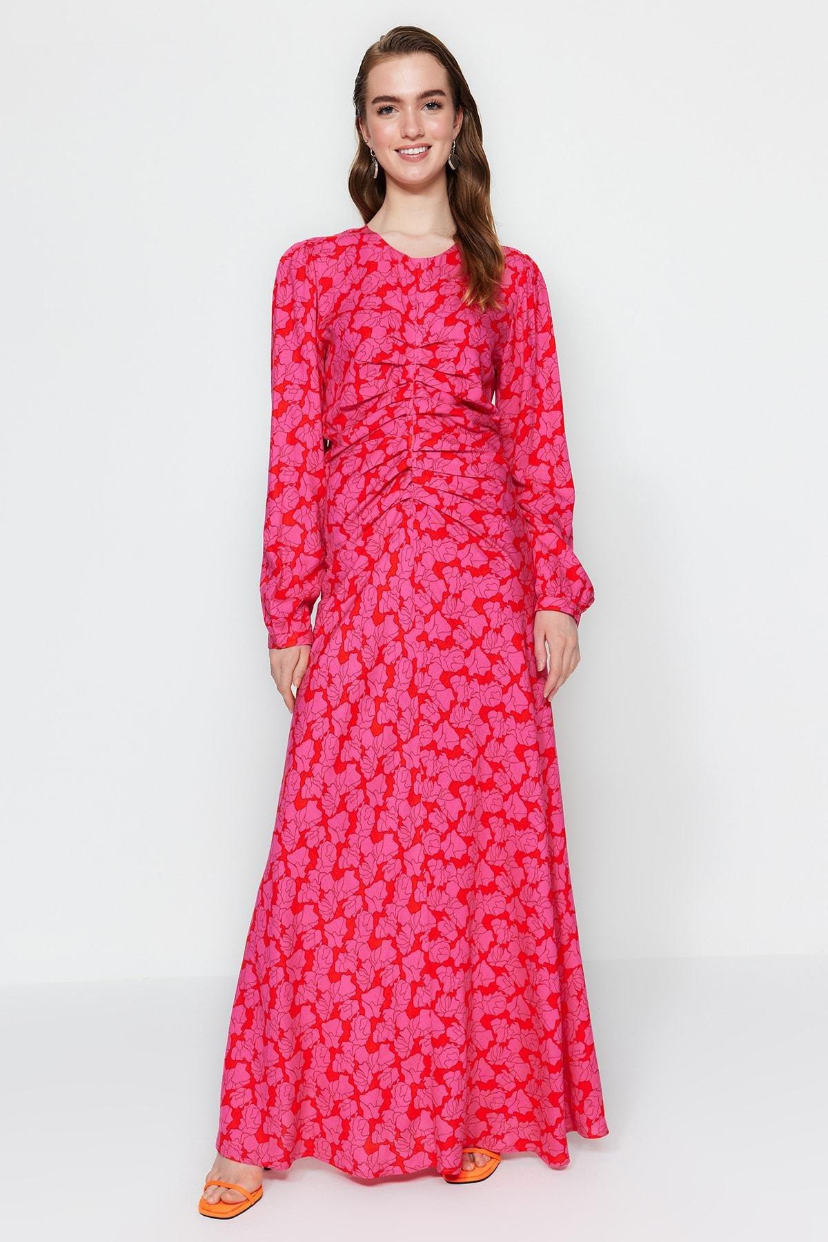 Pink Floral Patterned Woven Dress, Pink, large image number 0