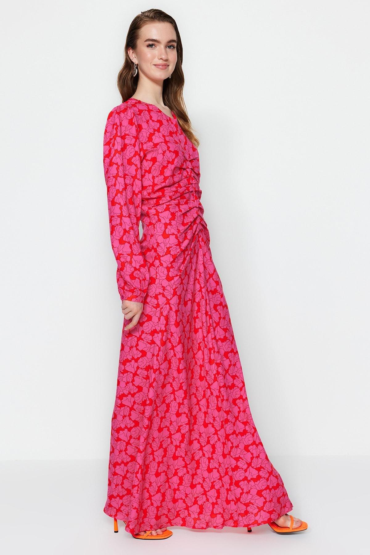 Pink Floral Patterned Woven Dress, Pink, large image number 1