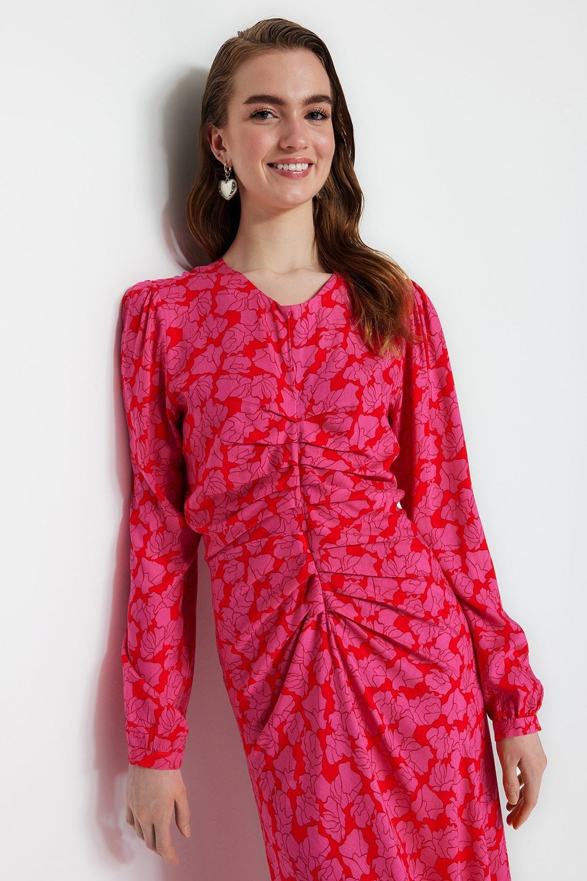 Pink Floral Patterned Woven Dress, Pink, large image number 2
