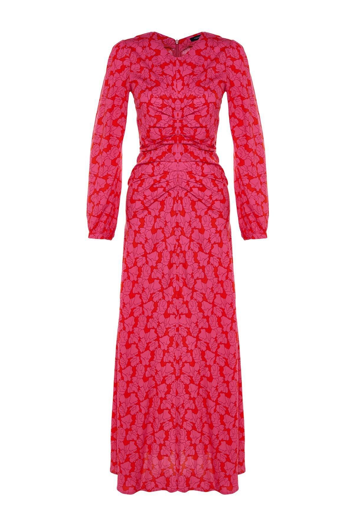 Pink Floral Patterned Woven Dress, Pink, large image number 5