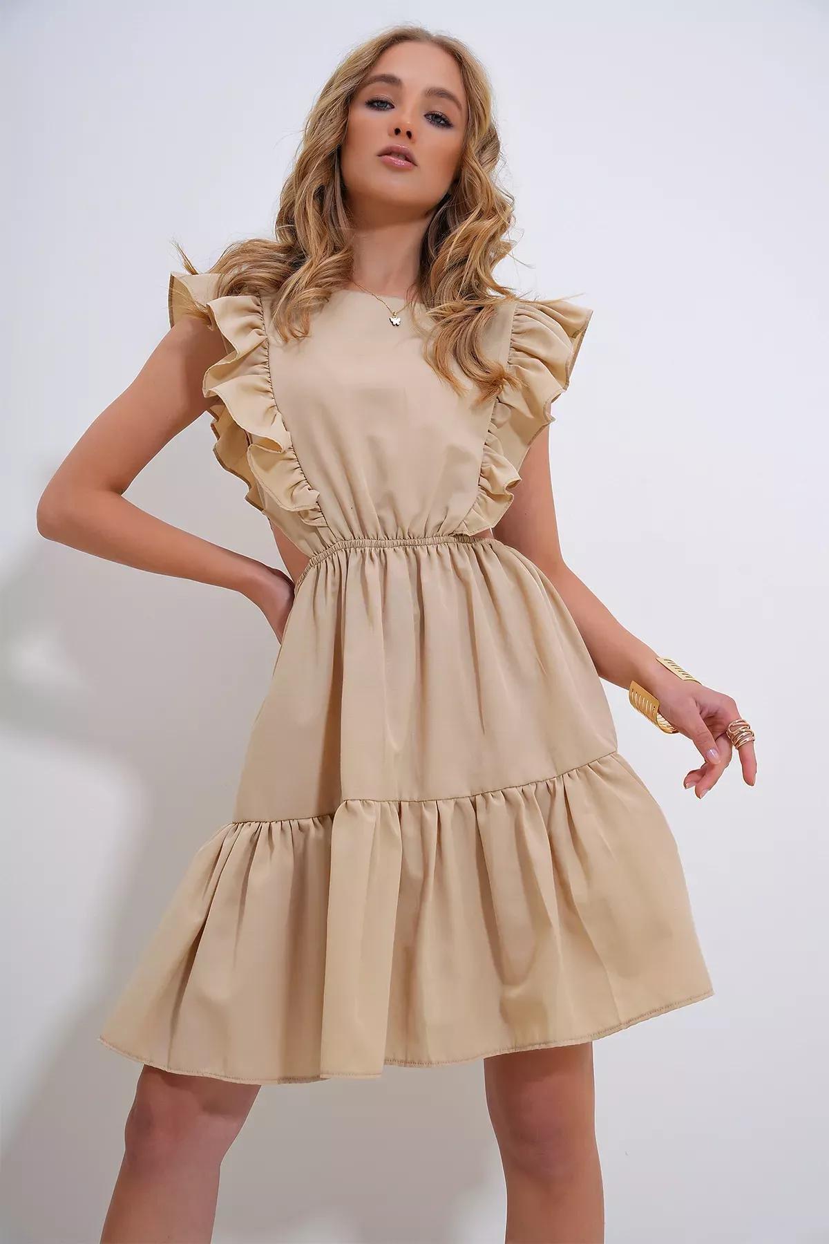 Beige Frills Ruffle Midi Dress, , large image number 1