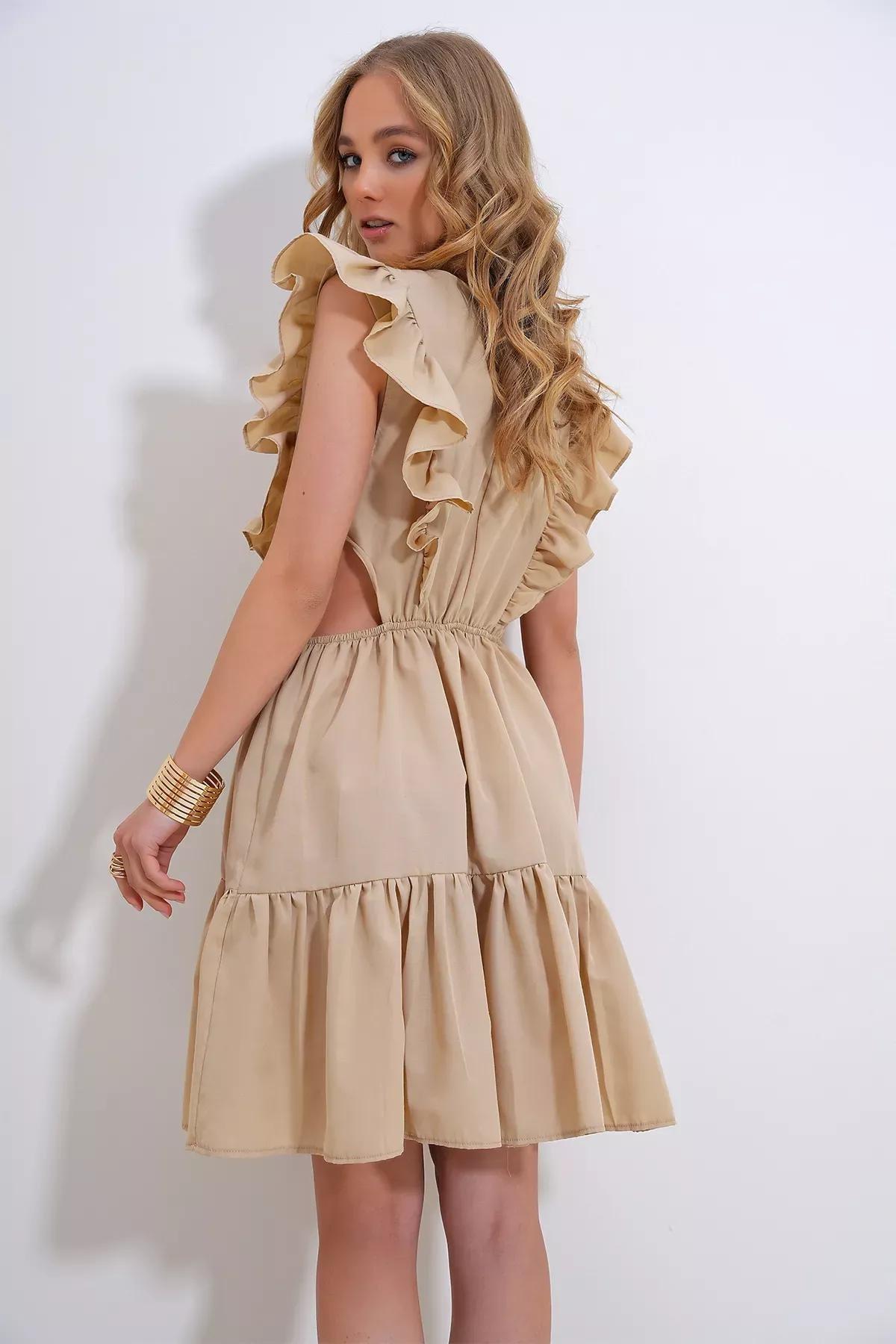 Beige Frills Ruffle Midi Dress, , large image number 3