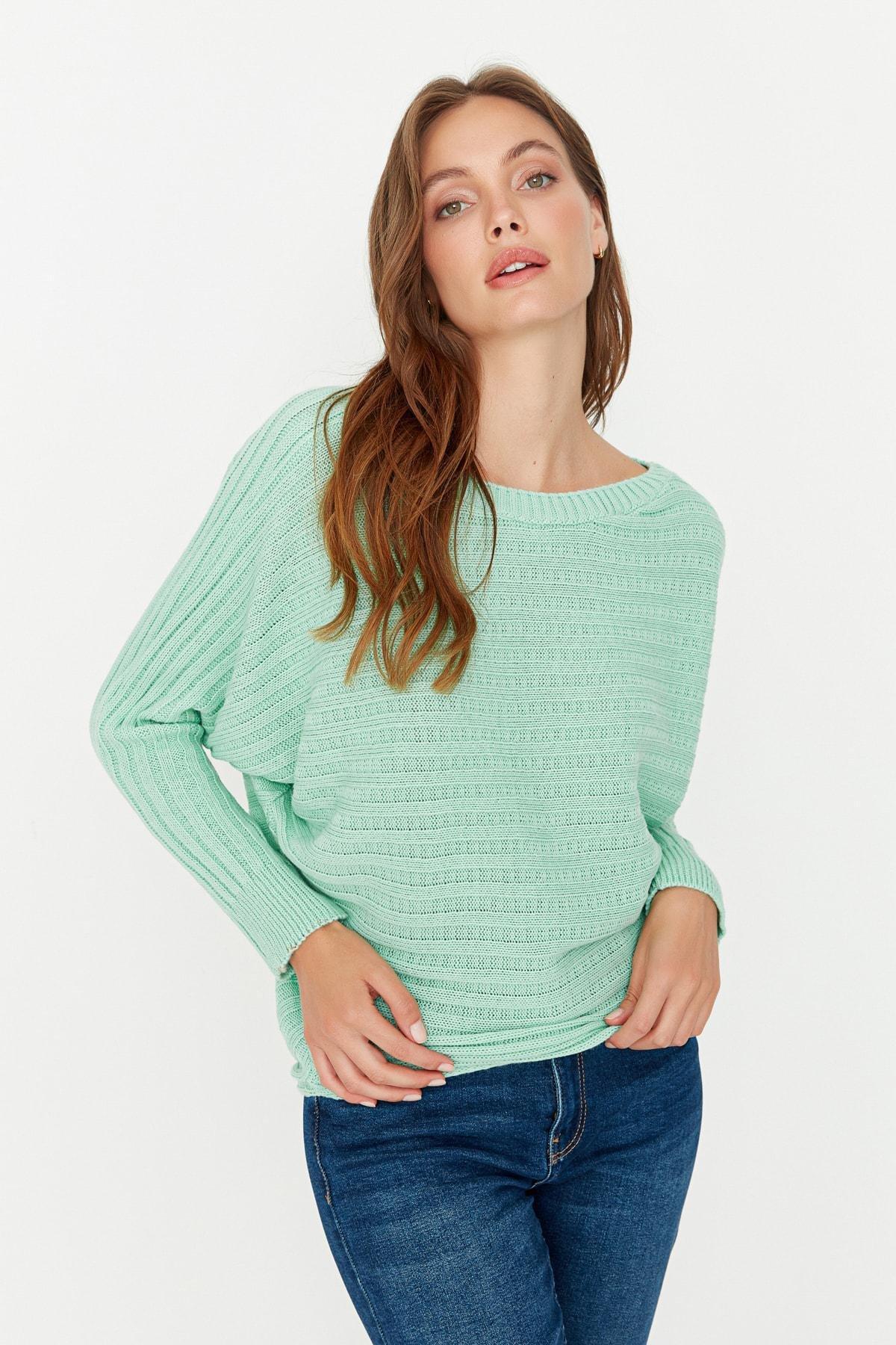 Green Striped Carmen Collar Sweater, , large image number 0