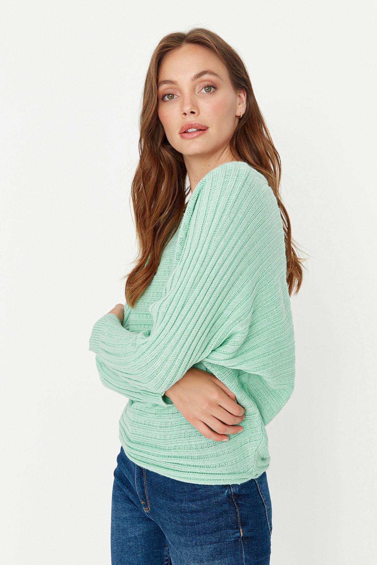Green Striped Carmen Collar Sweater, , large image number 1