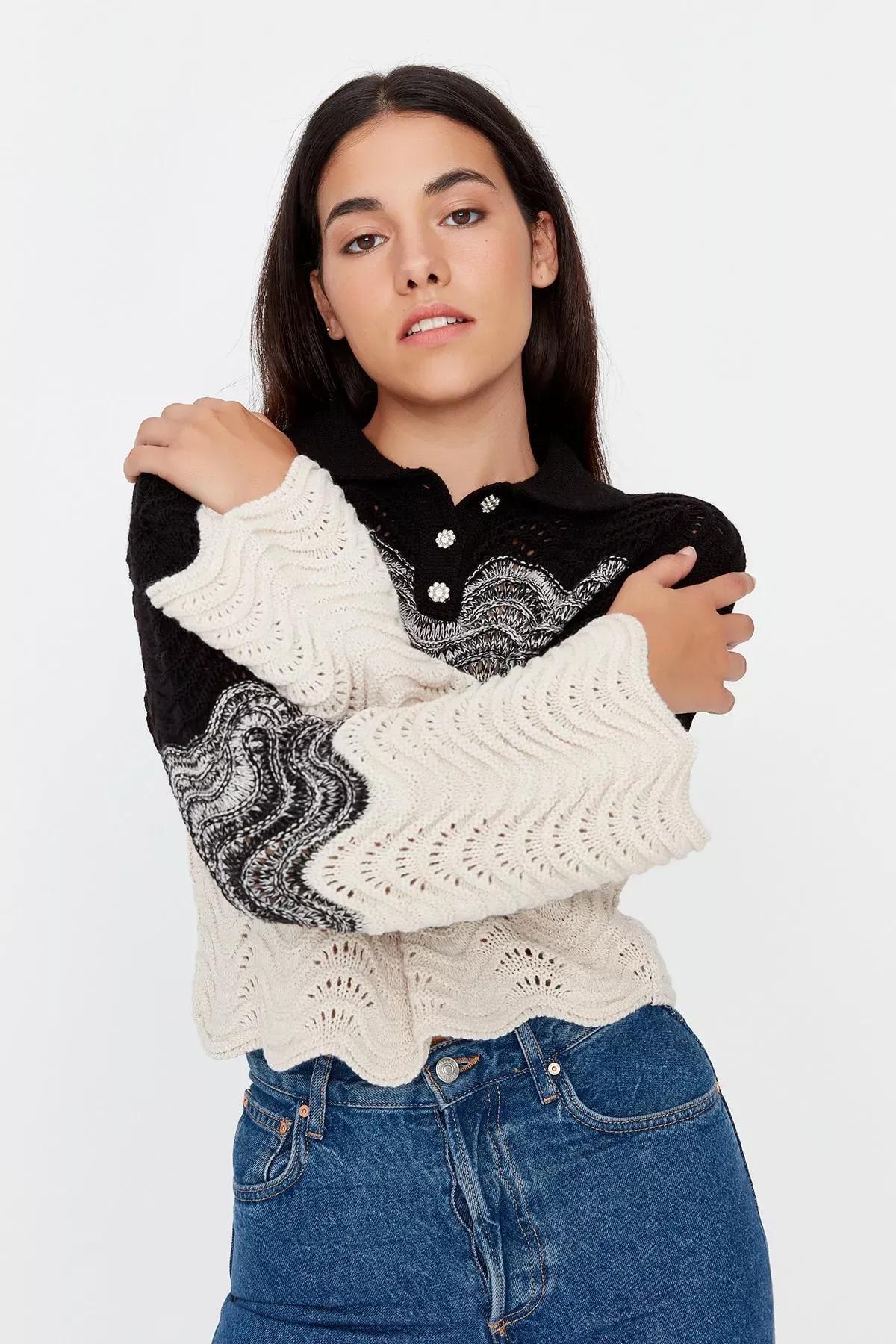 Black Polo Neck Colour block Sweater, Black, large image number 1