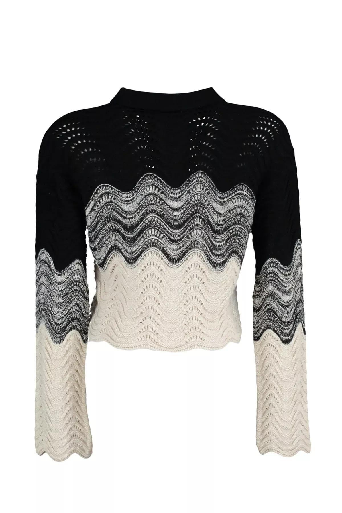 Black Polo Neck Colour block Sweater, Black, large image number 6