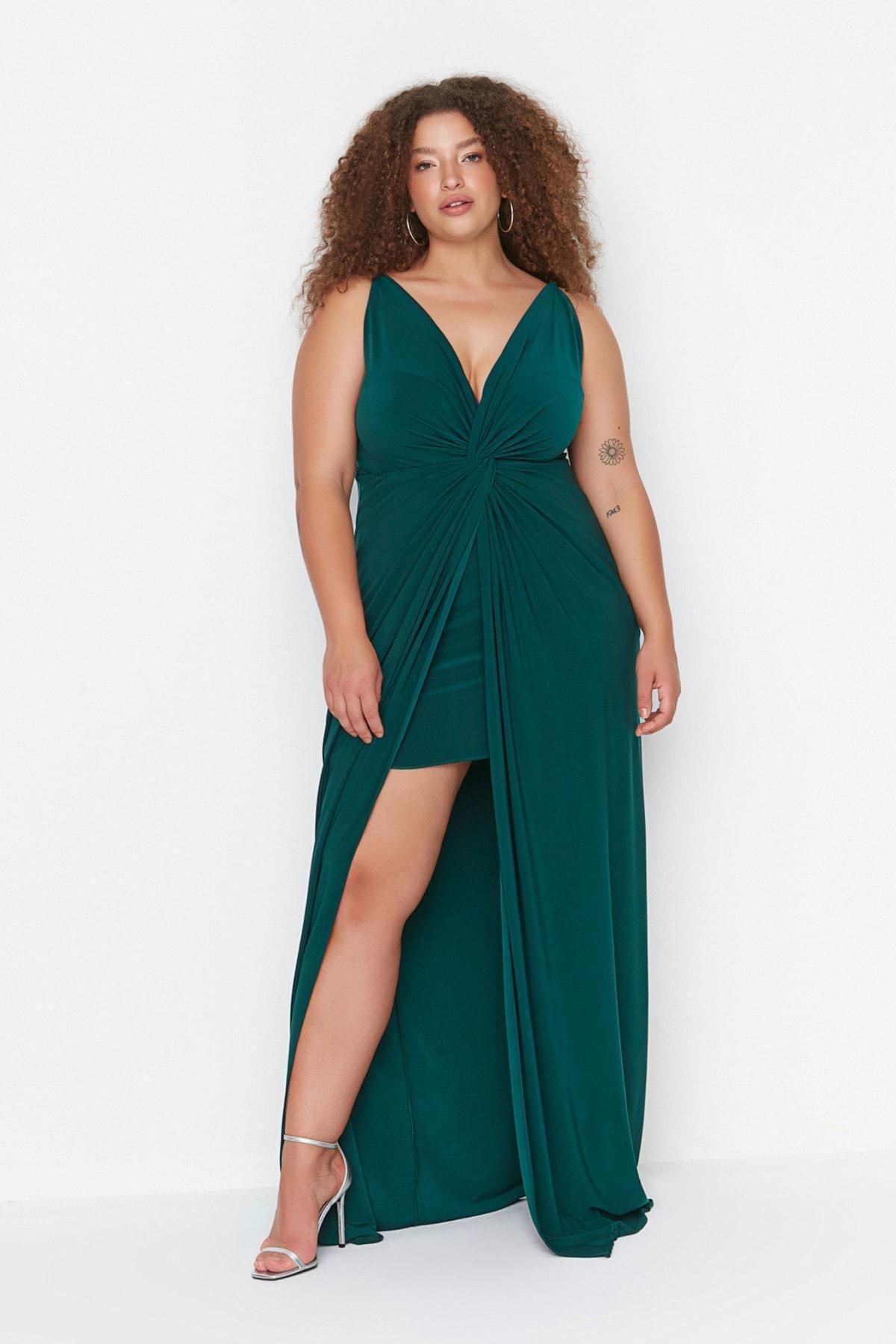 Trendyol - Green V-Neck Plus Size Dress