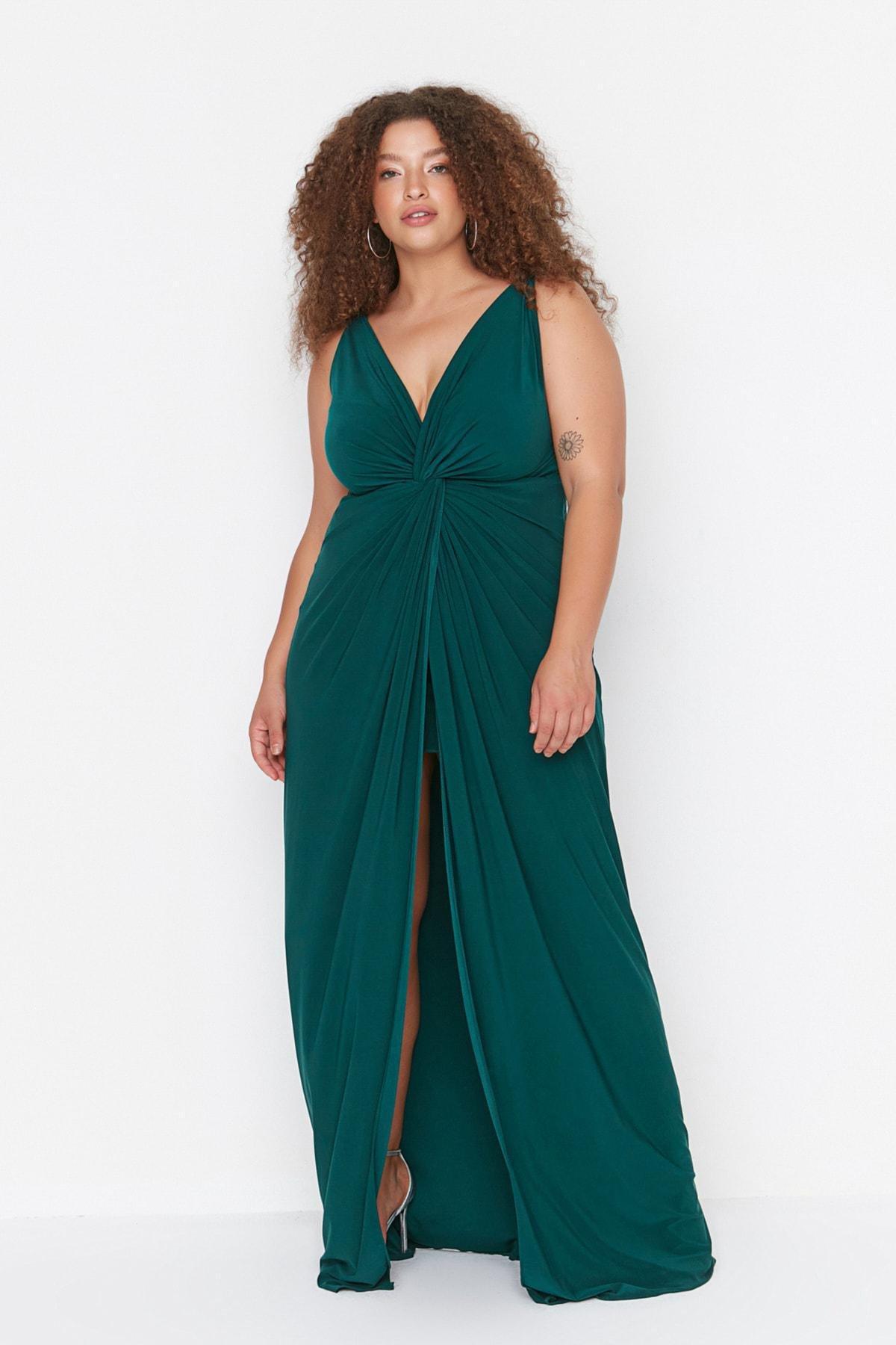 Trendyol - Green V-Neck Plus Size Dress