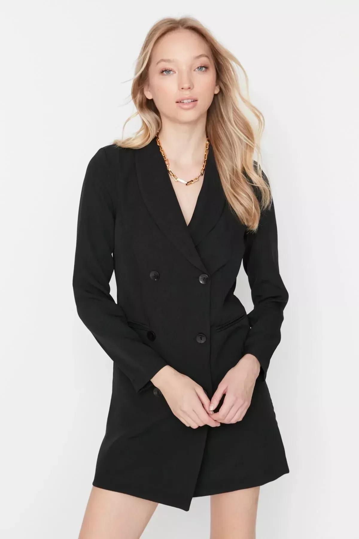Black Buttoned Woven Mini Jacket Dress, Black, large image number 2