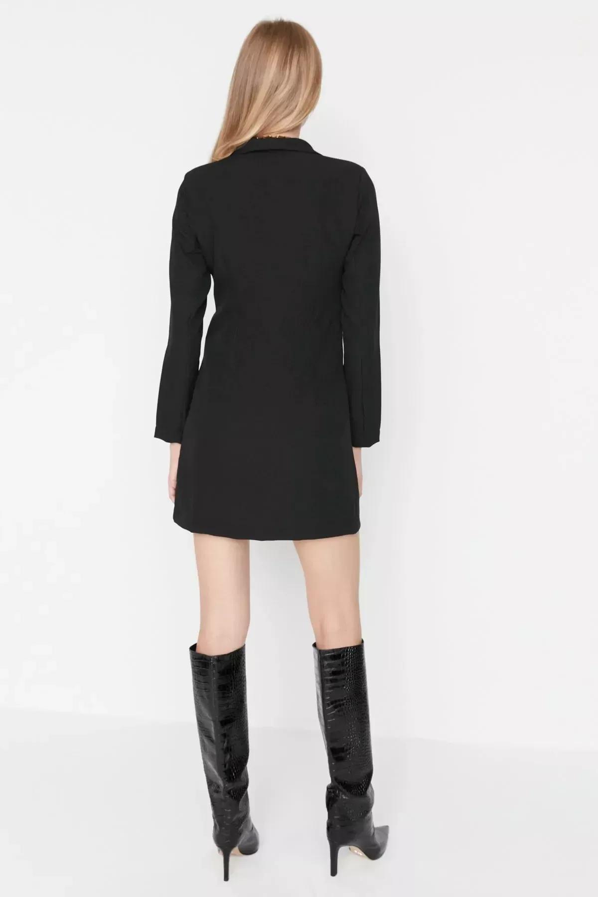 Black Buttoned Woven Mini Jacket Dress, Black, large image number 4