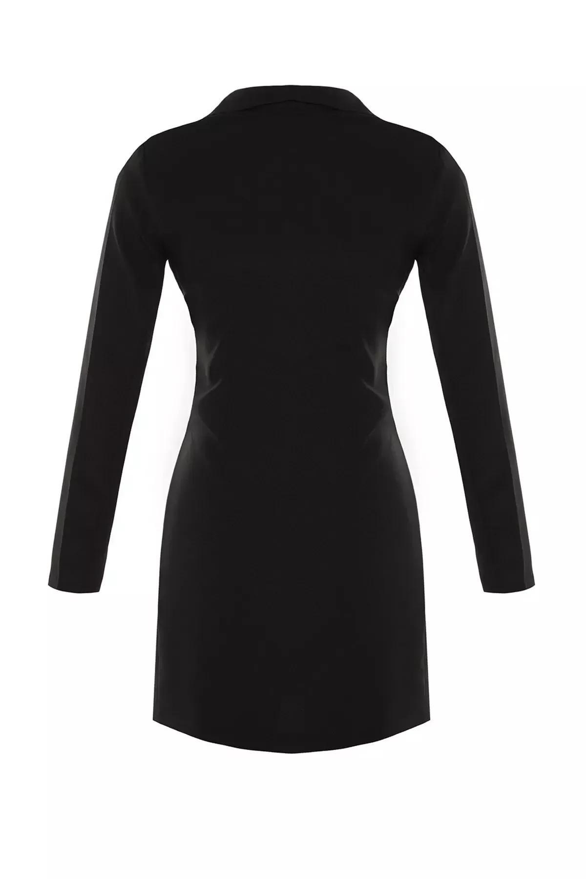 Black Buttoned Woven Mini Jacket Dress, Black, large image number 5