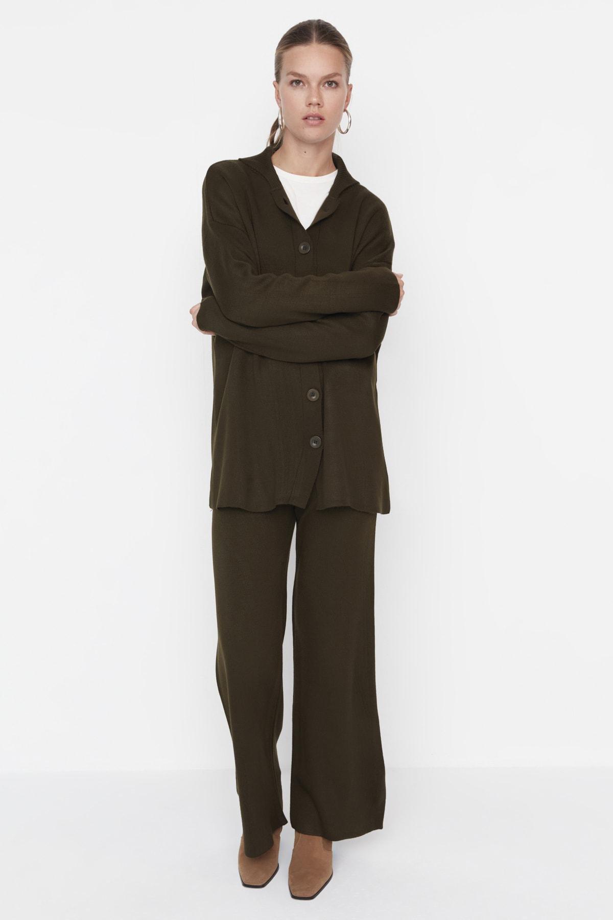 Khaki Relaxed Shawl Collar Co-Ord Set, , large image number 1
