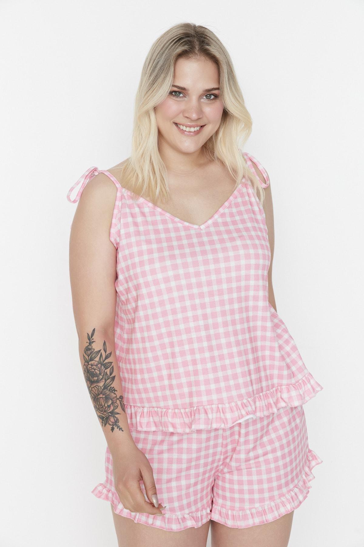Pink Plaid V-Neck Plus Size Pajama Set, , large image number 0