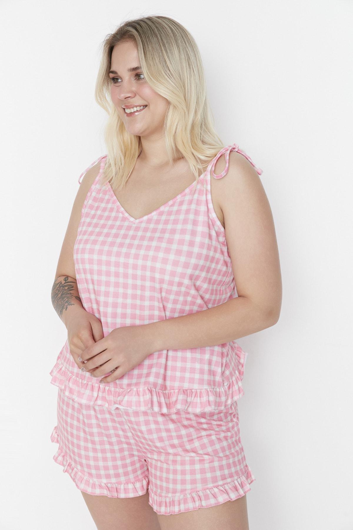 Pink Plaid V-Neck Plus Size Pajama Set, , large image number 1