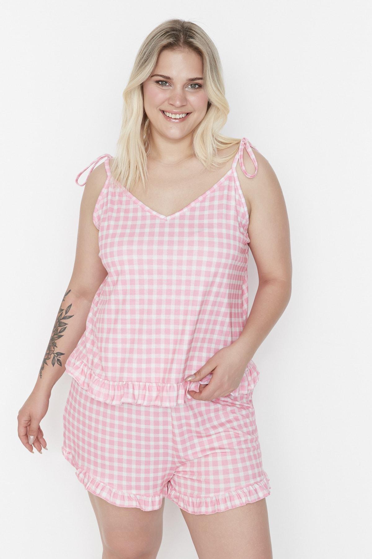 Pink Plaid V-Neck Plus Size Pajama Set, , large image number 2