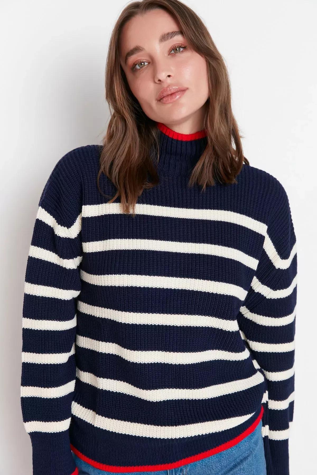 Navy Oversize Standing Collarsweater, Dark blue, large image number 0