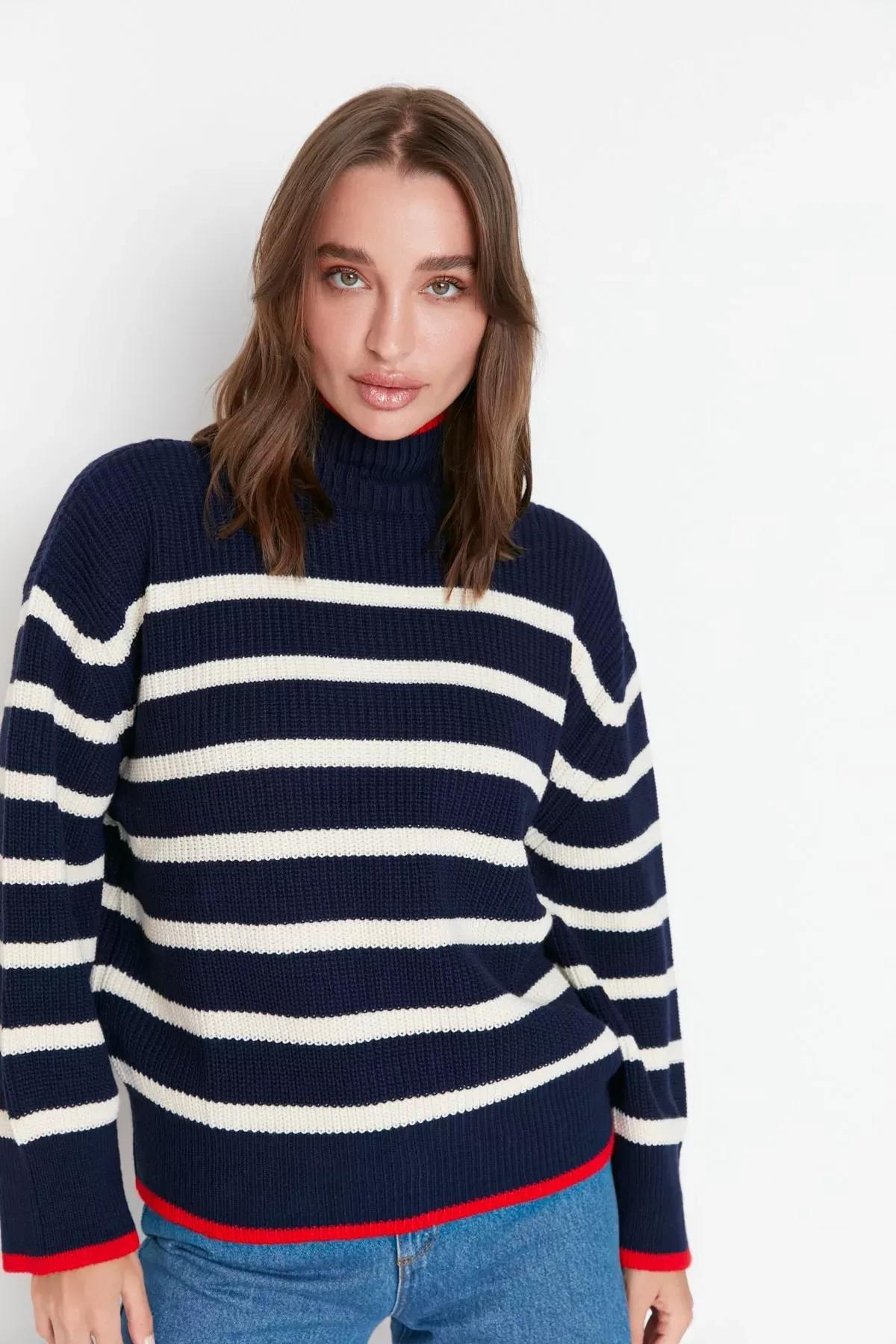Navy Oversize Standing Collarsweater, Dark blue, large image number 1