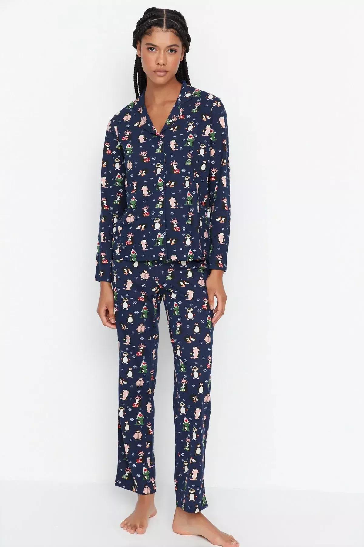 Navy Animal Print Pajama Set, Dark blue, large image number 3