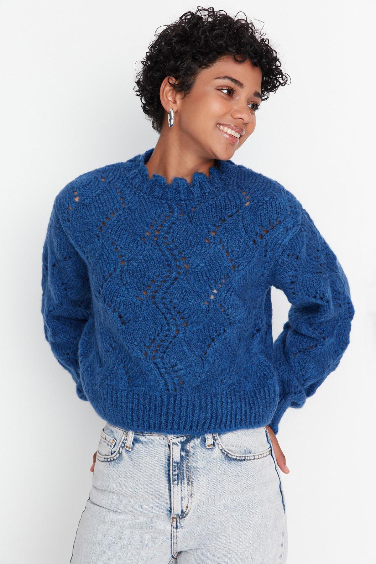Trendyol - Blue Ajoure Standing Collar Sweater