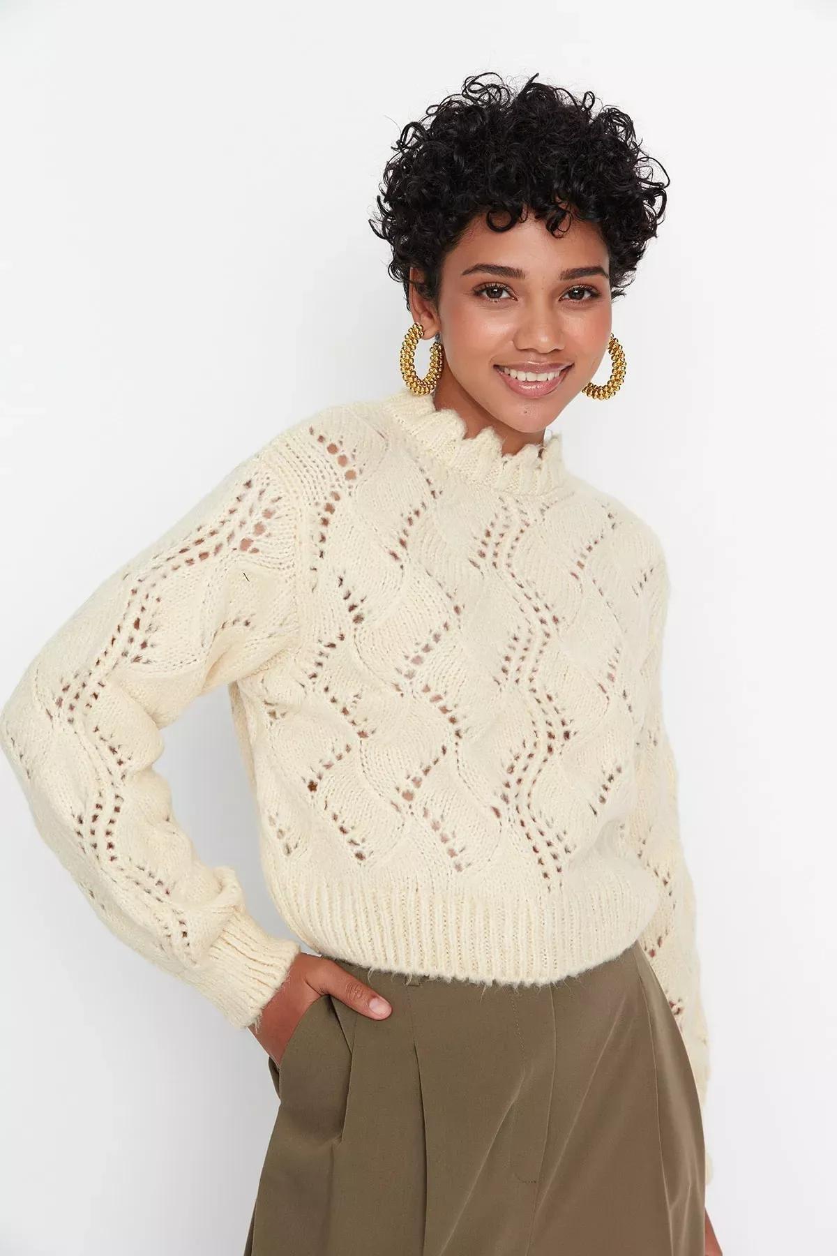 Beige Ajoure Sweater, Ecru, large image number 0