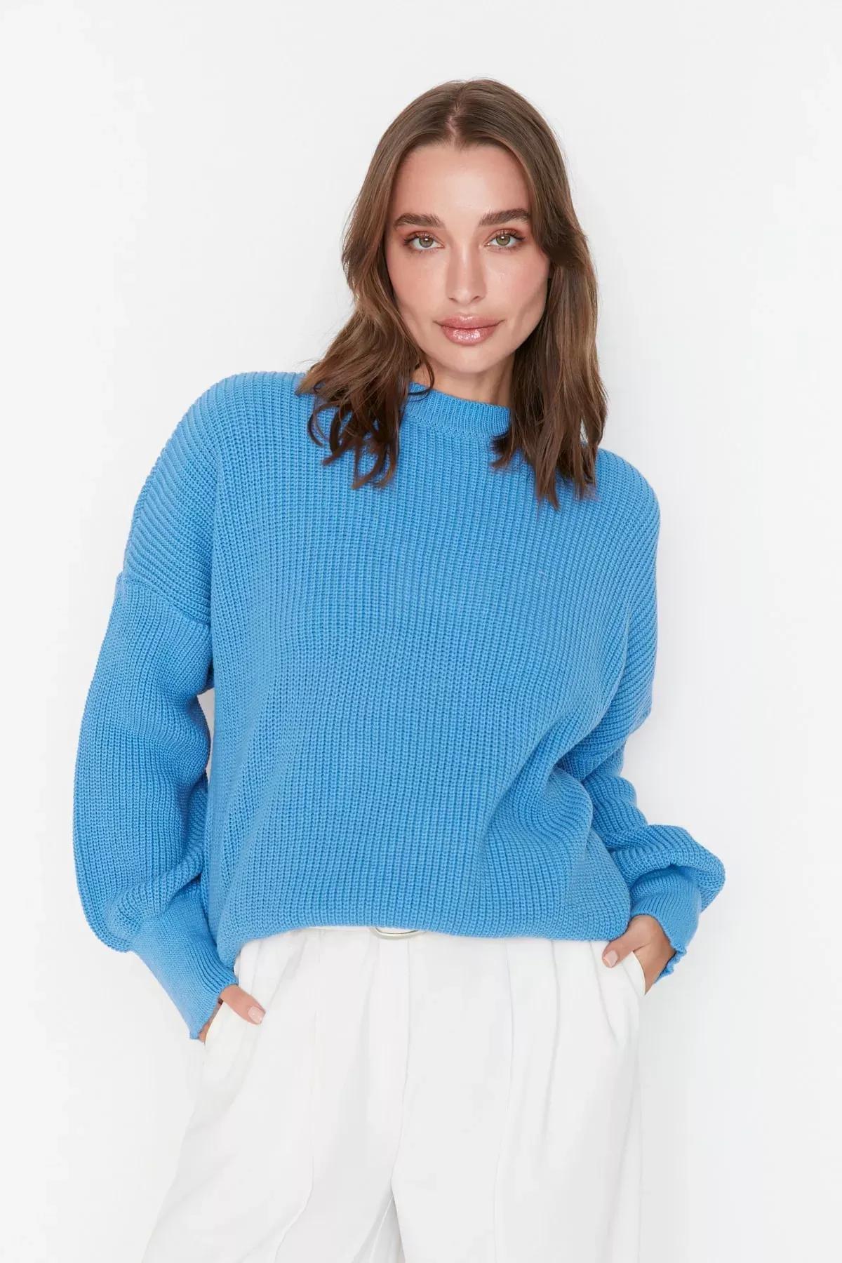 Blue Crew Neck Oversize Sweater, Blue, large image number 0