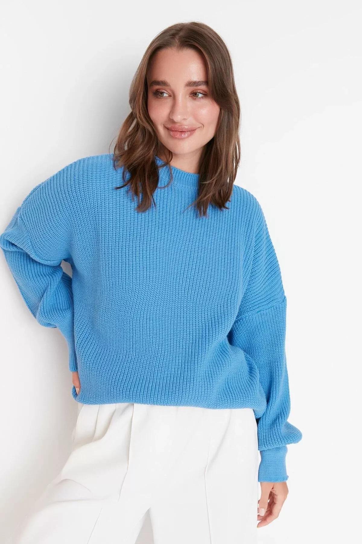 Blue Crew Neck Oversize Sweater, Blue, large image number 1
