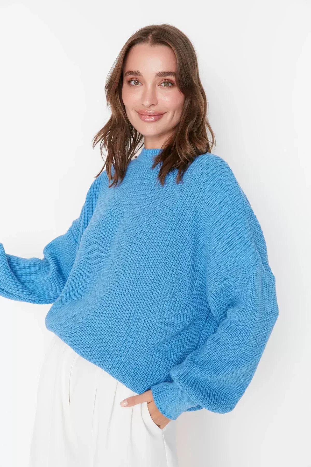 Blue Crew Neck Oversize Sweater, Blue, large image number 2