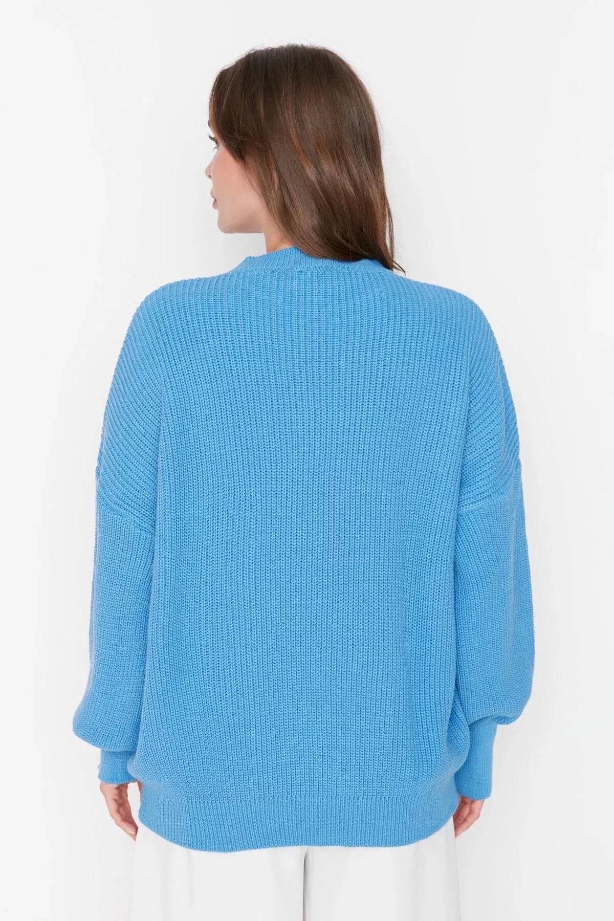 Blue Crew Neck Oversize Sweater, Blue, large image number 4