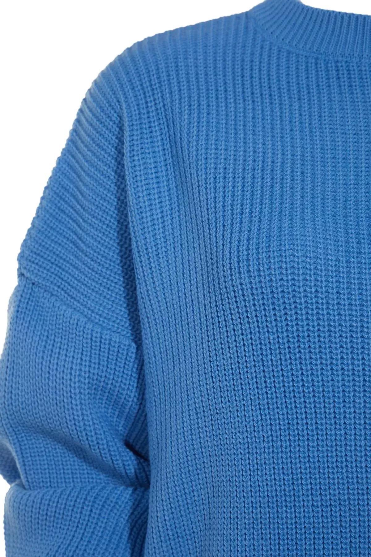 Blue Crew Neck Oversize Sweater, Blue, large image number 5