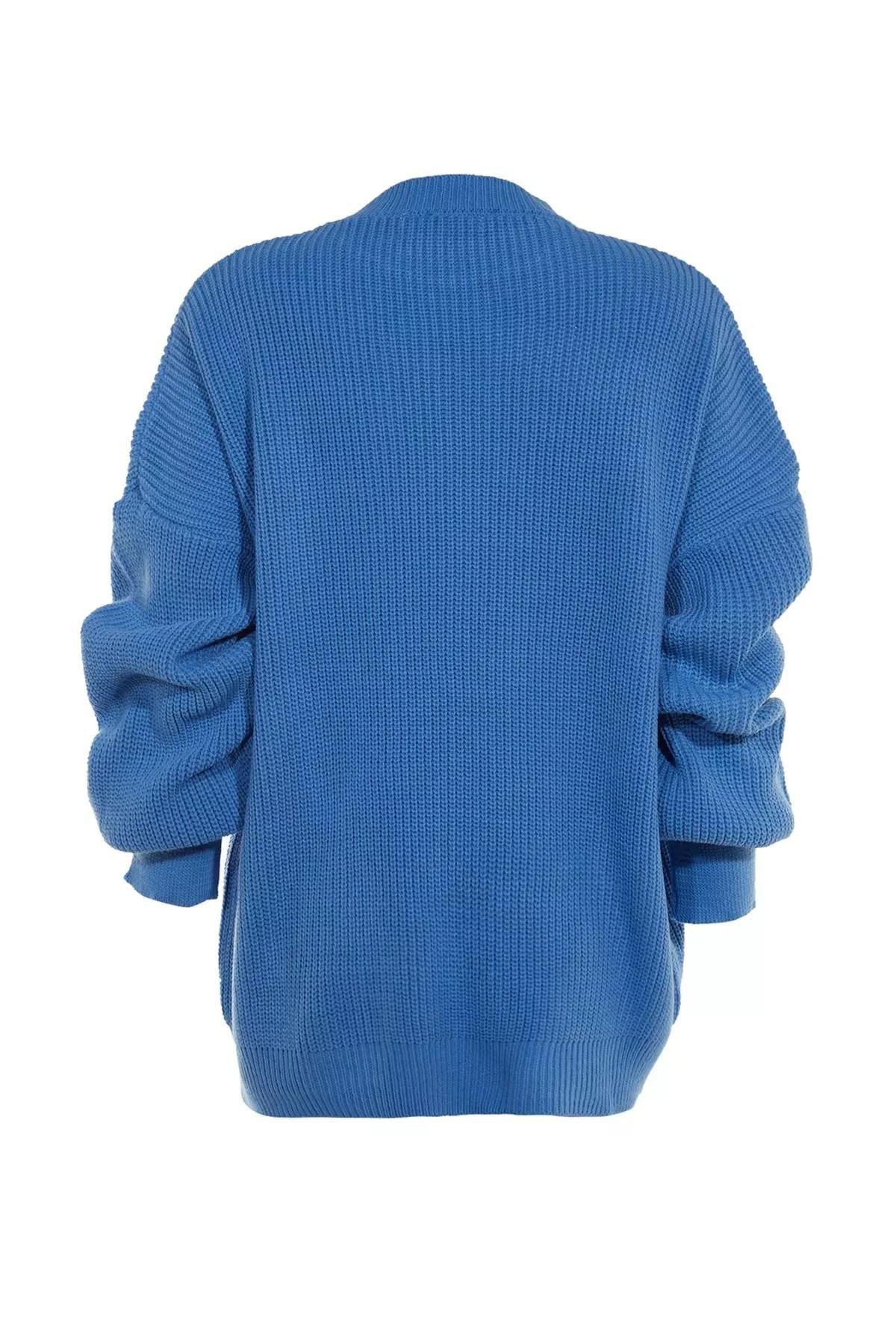 Blue Crew Neck Oversize Sweater, Blue, large image number 6