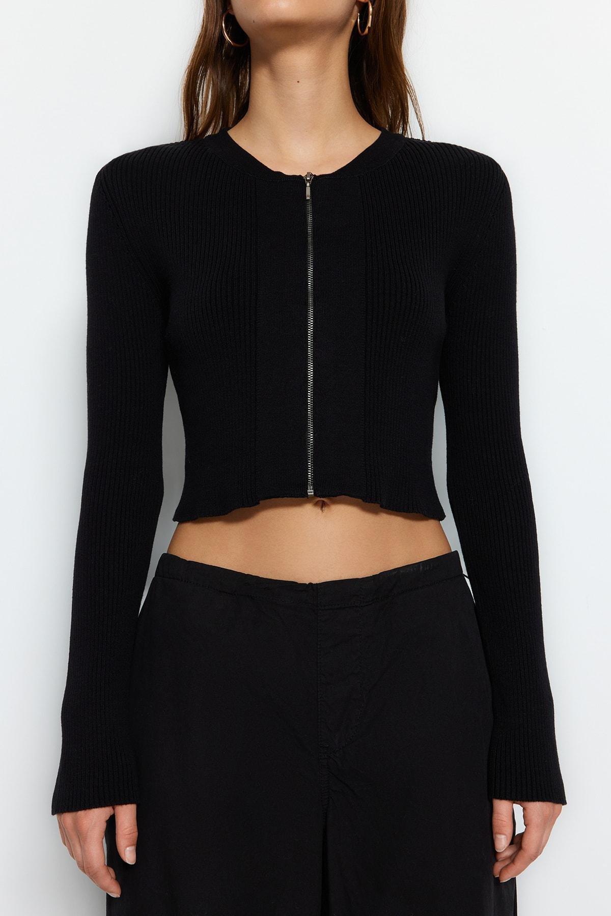 Black Crew Neck Slim Cardigan, , large image number 3