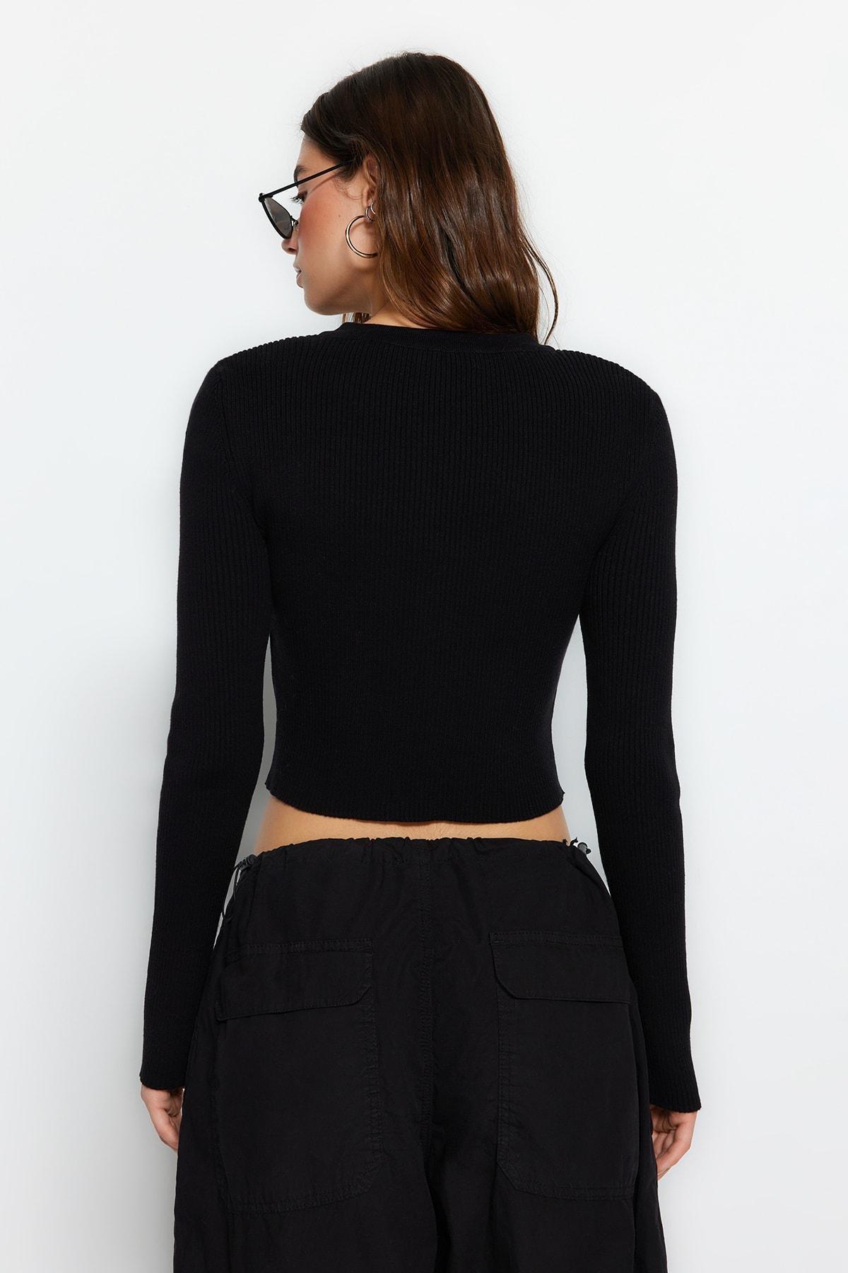 Black Crew Neck Slim Cardigan, , large image number 5