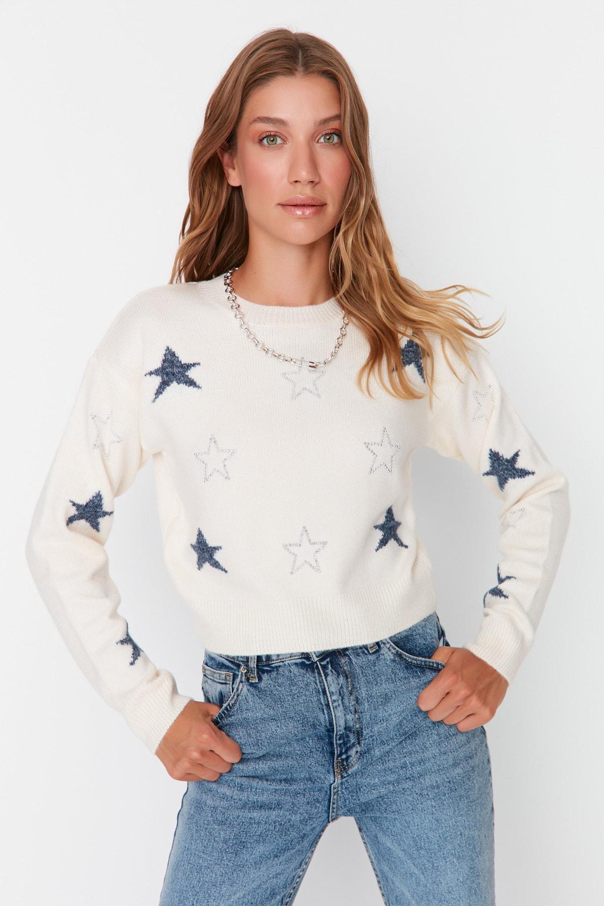 Ecru Patterned Crew Neck Sweater, , large image number 2