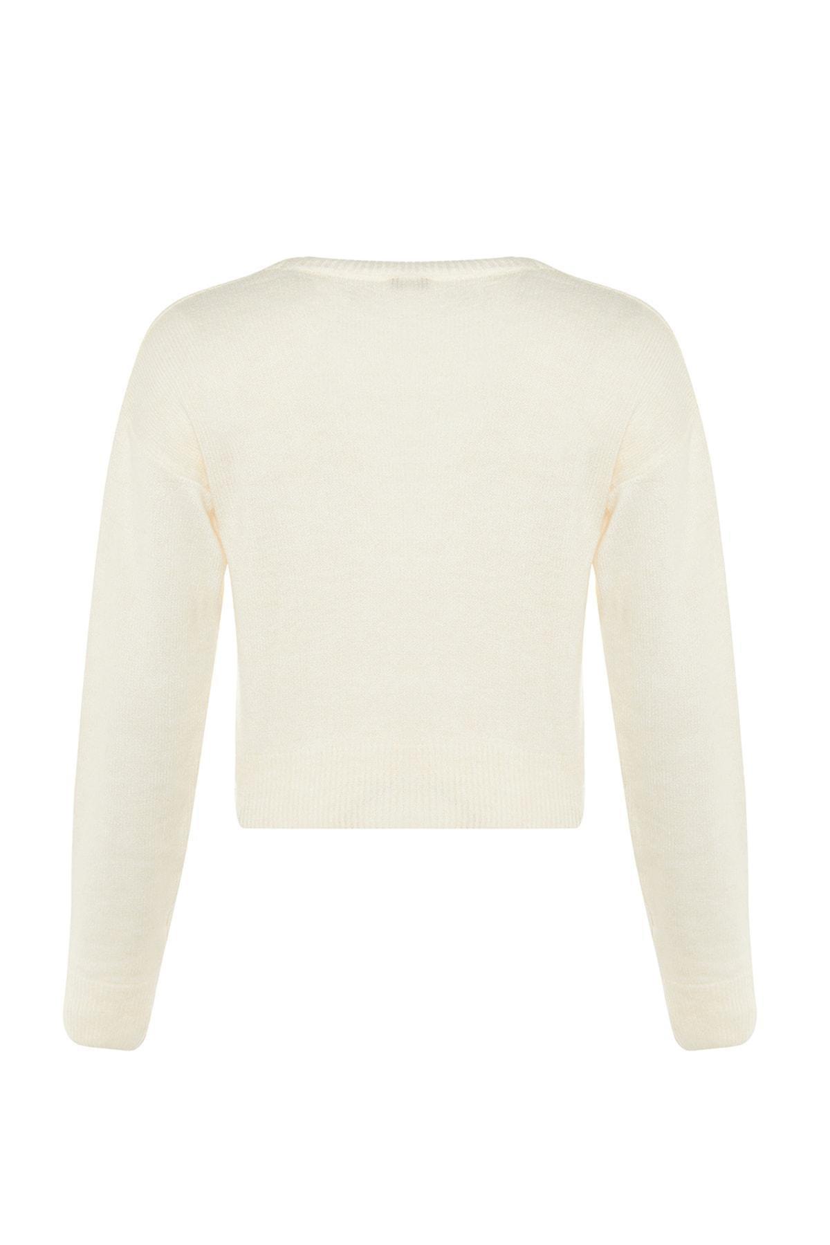 Ecru Patterned Crew Neck Sweater, , large image number 6