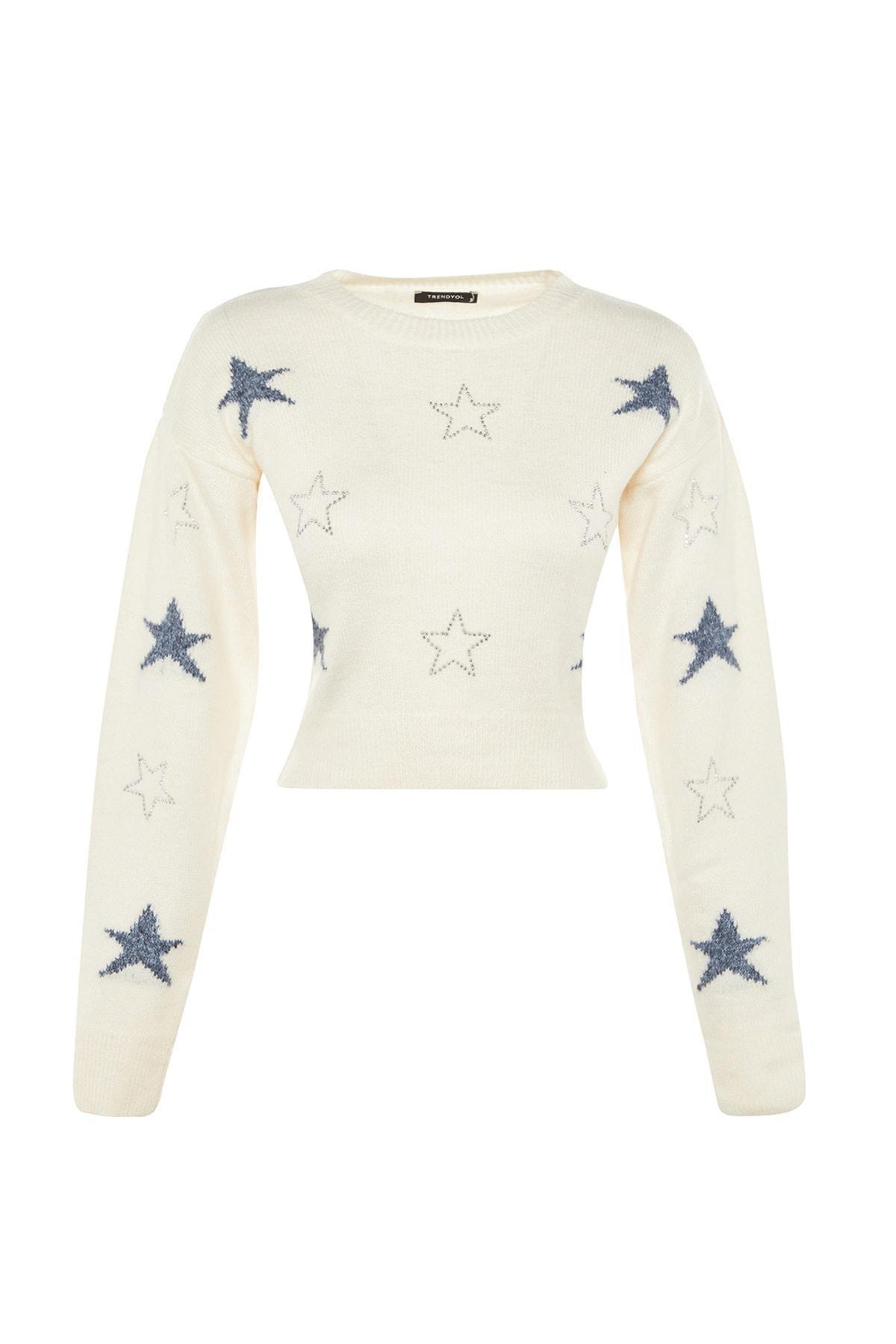 Ecru Patterned Crew Neck Sweater, , large image number 7