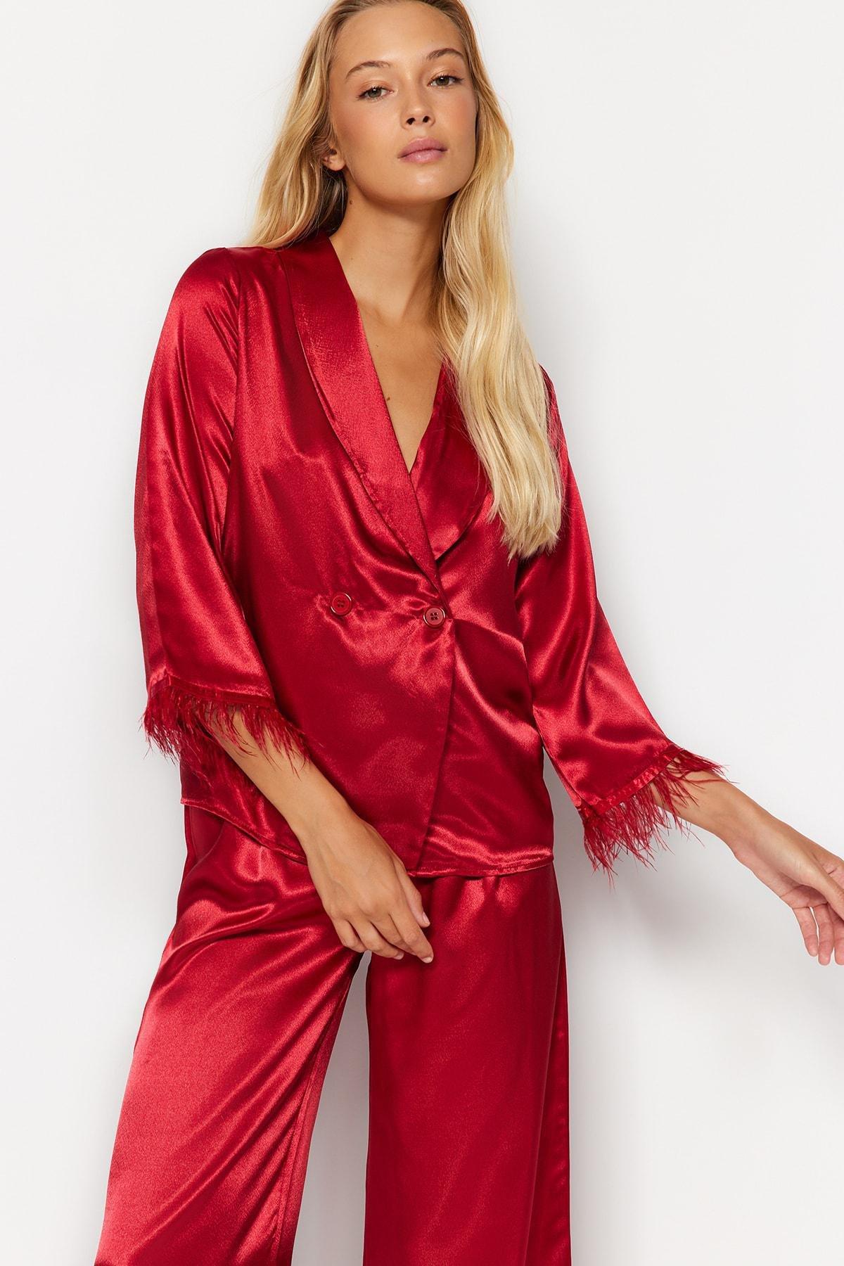 Red Feather Detailed Satin Pyjamas Set, , large image number 0