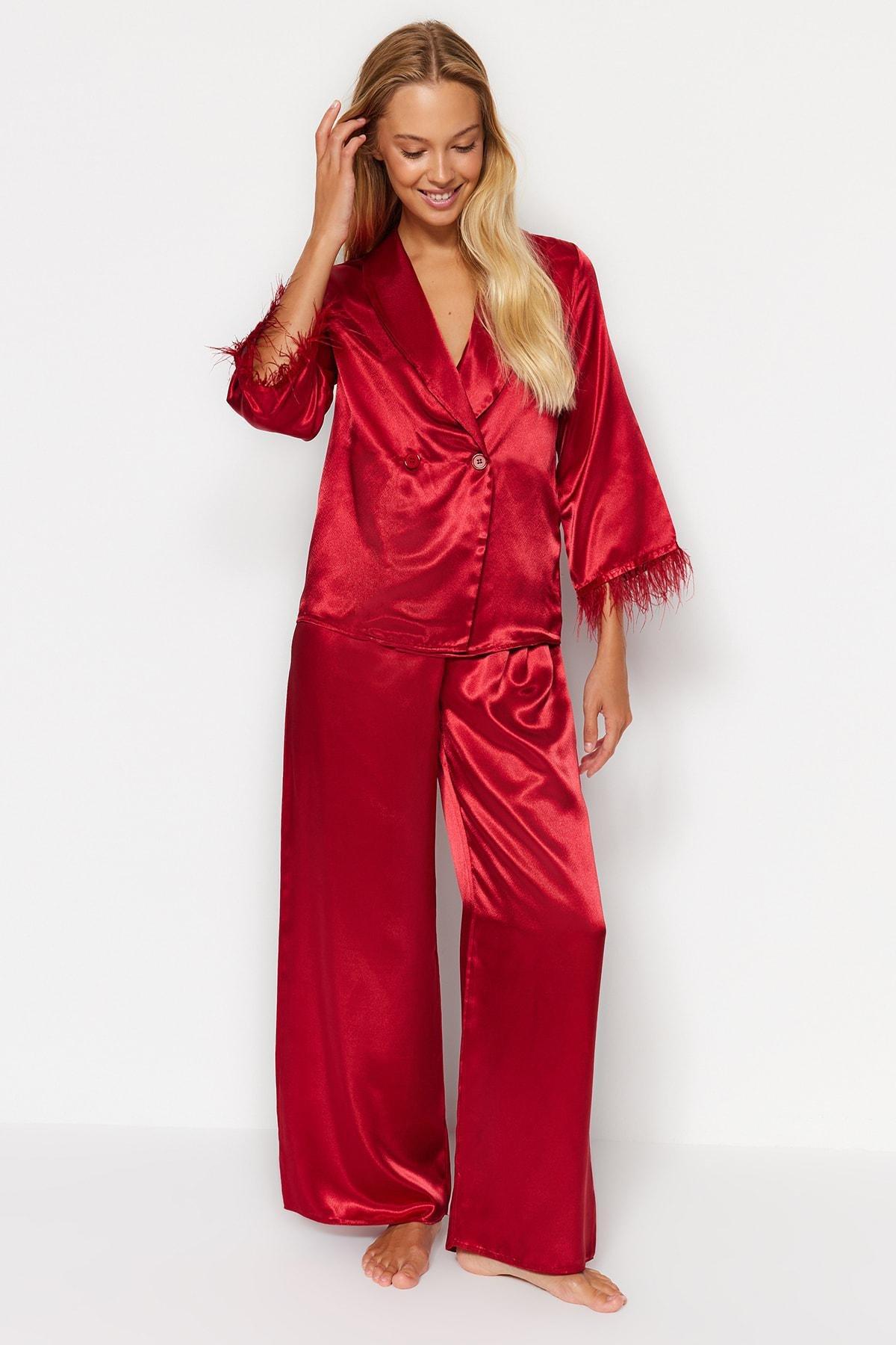 Red Feather Detailed Satin Pyjamas Set, , large image number 1