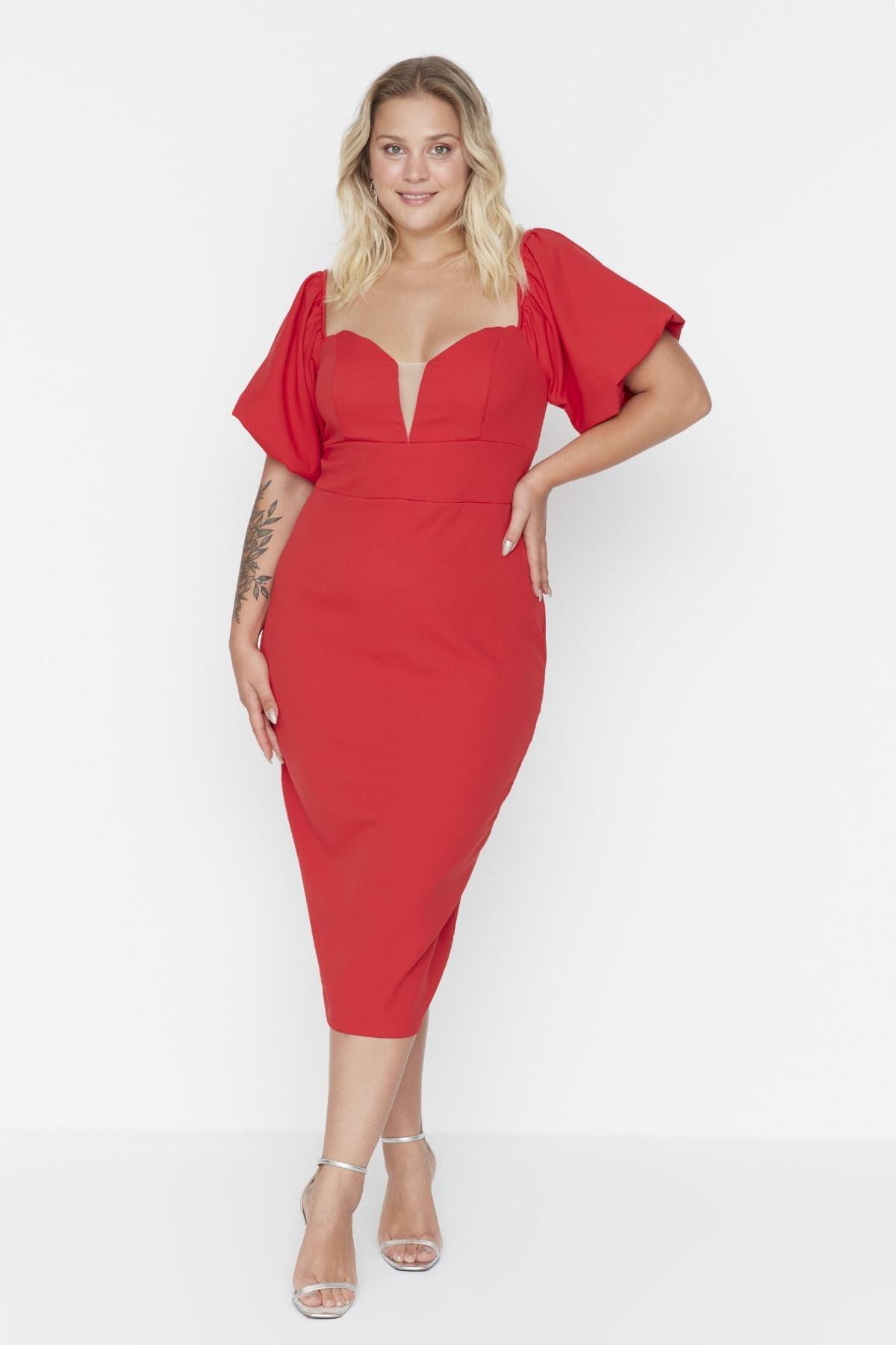 Red Midi Strapless Plus Size Dress, Red, medium