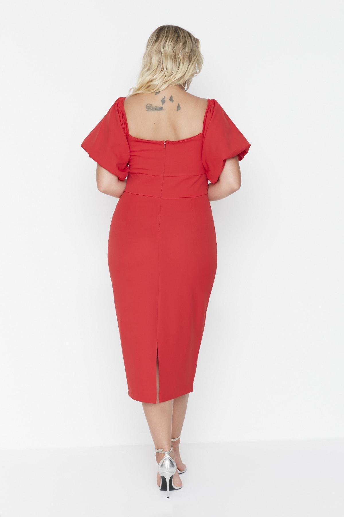 Red Midi Strapless Plus Size Dress, , large image number 4